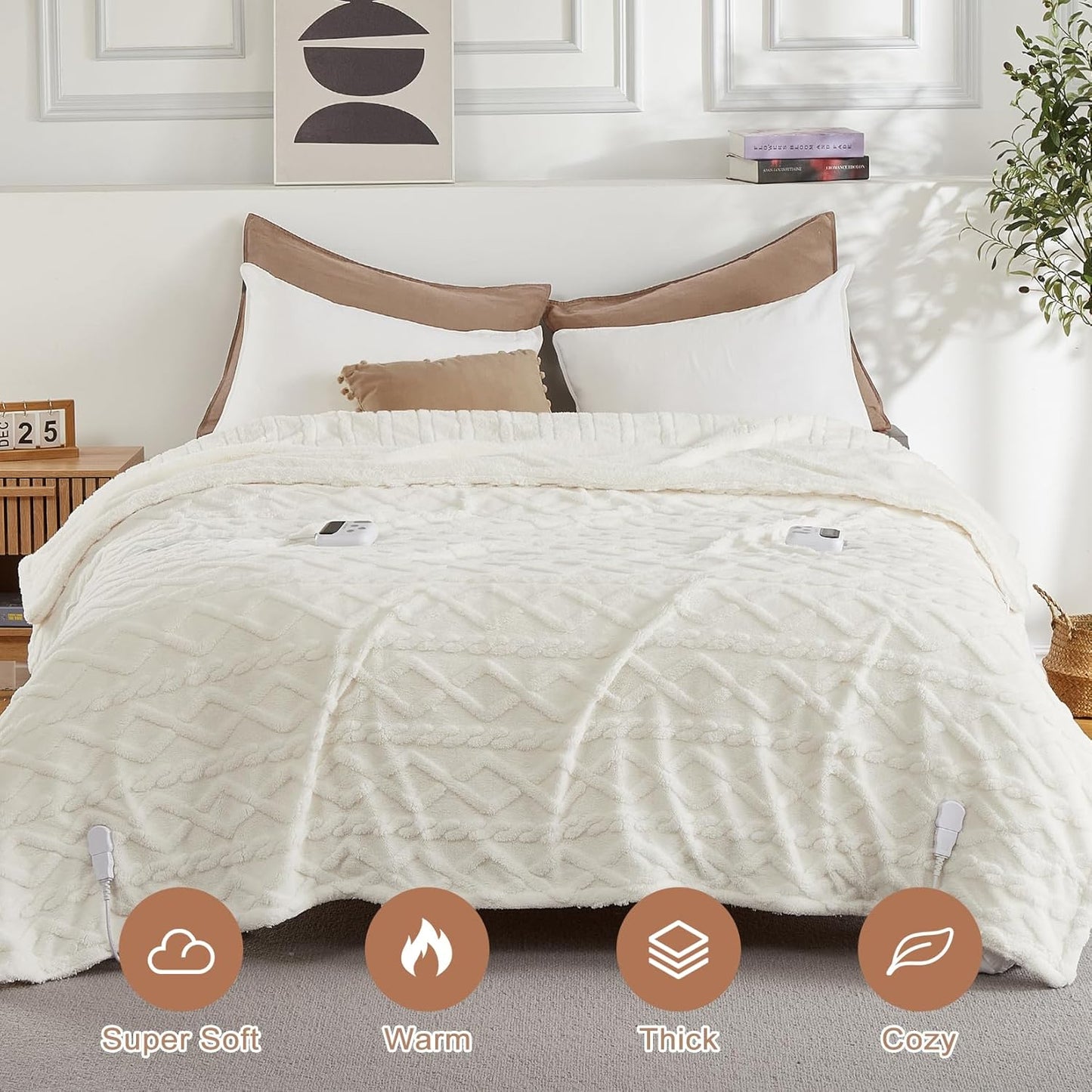 CAROMIO Electric Blanket King Size Dual Control - Thick Tufted Sherpa Heated Blanket with 10 Heating Levels and 10 Time Settings, ETL Certified Fast Heating Blankets King Size 90"×100", White