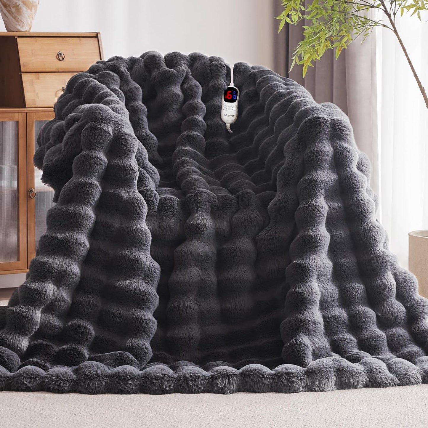 Heated Blanket Full Size with 1/2/4/6/8 Hours Auto-Off 10 Heat Level, 62'' * 84'' Cozy Faux Rabbit Fur Bubble Electric Blanket with Overheat Protection(Dark Grey)