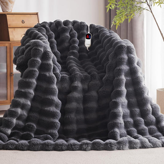 Heated Blanket Throw with 1/2/4/6/8 Hours Auto-Off 10 Heat Level, 50'' * 60'' Cozy Faux Rabbit Fur Bubble Electric Blanket with Overheat Protection(Dark Grey)