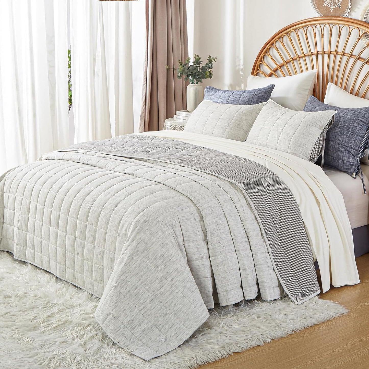 Quilts Queen Size，White Cotton Linen Bedspreads Queen Size，3-Pieces Queen Quilt Set with Grey Gingham Bedding Coverlet with 2 Pillow Shams