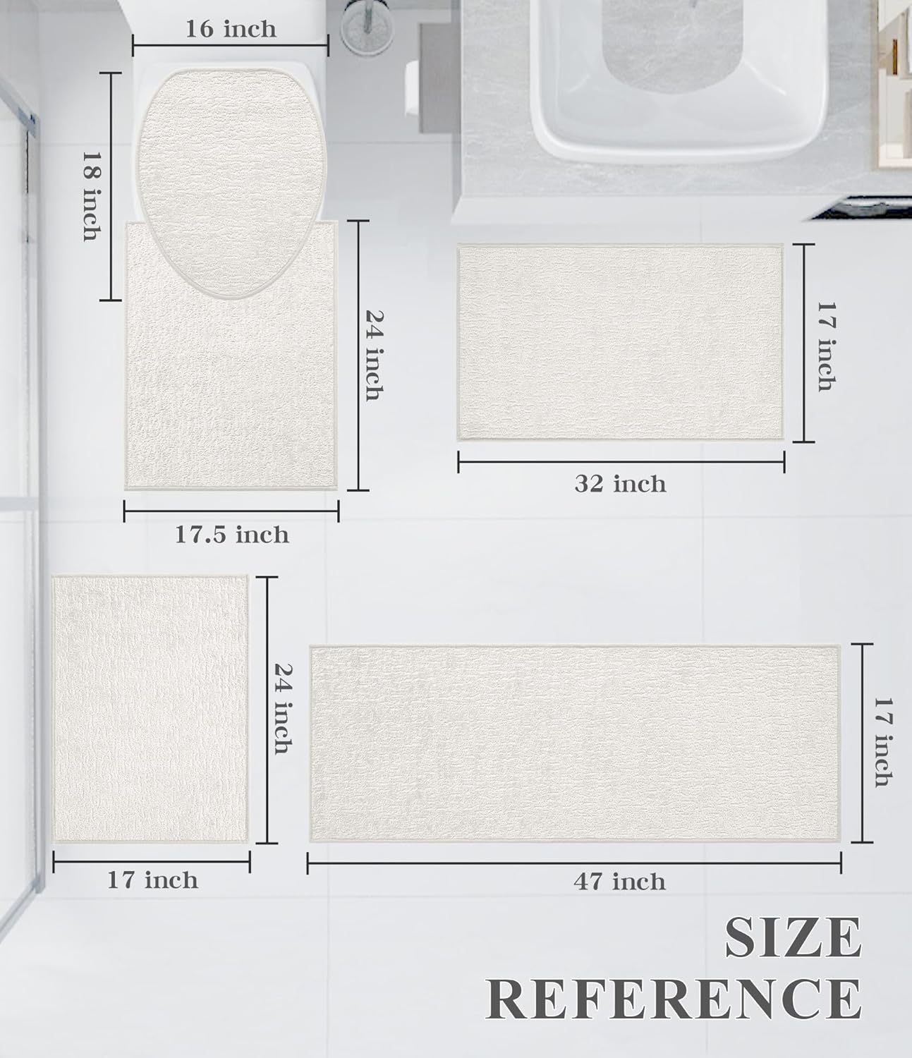 chakme Bathroom Rug Sets 5 Piece, Ultra Thin Bath Mat Quick Dry, Absorbent, Non Slip, Machine Washable, White, 17" x 24"