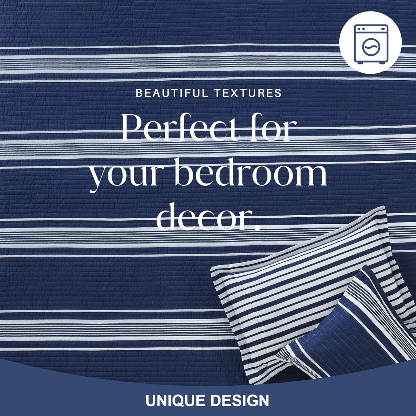 Y-PLWOMEN Queen Quilt Set - 100% Cotton Queen Quilt, Navy Blue Striped Quilt for Queen Bed, Lightweight Reversible Queen Size Bedspread for All Season, 3-Piece