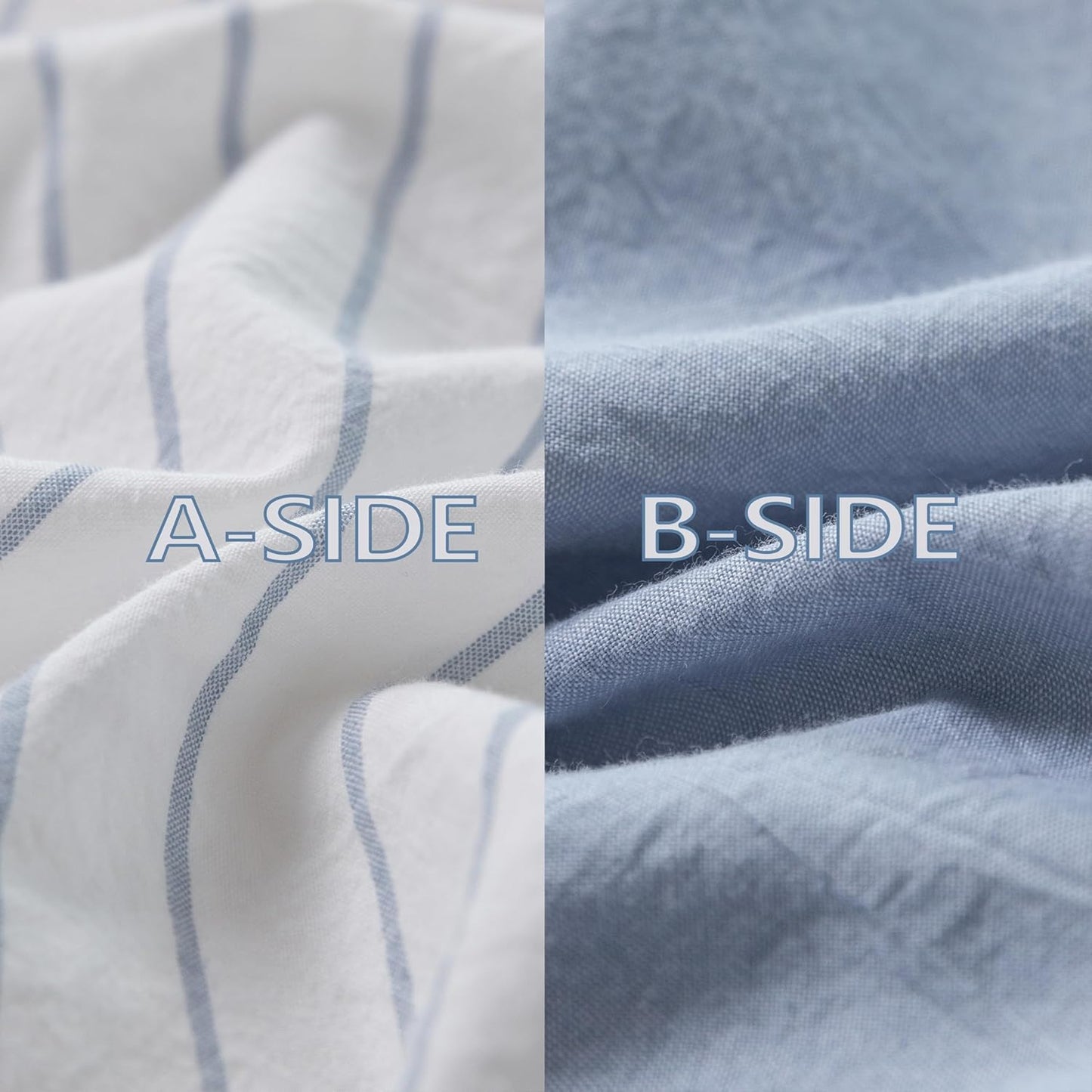 Reversible Duvet Cover Set 100% Washed Cotton Sky Blue Stripe Linen Feel Duvet Cover Queen Size with Zipper Closure & 2 Pillow Shams,Sky Blue/White Stripe Reverse Solid Sky Blue