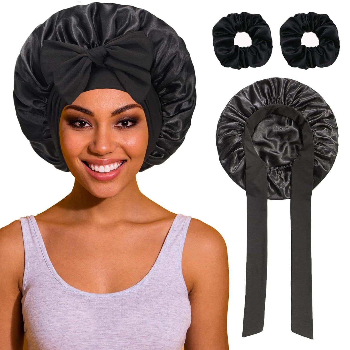 Bonnet with Tie Band, Satin Hair Silk Bonnet for Sleeping Women, Sleep Bonnets for Women, Double Layer Sleep Cap for Curly Hair Braids