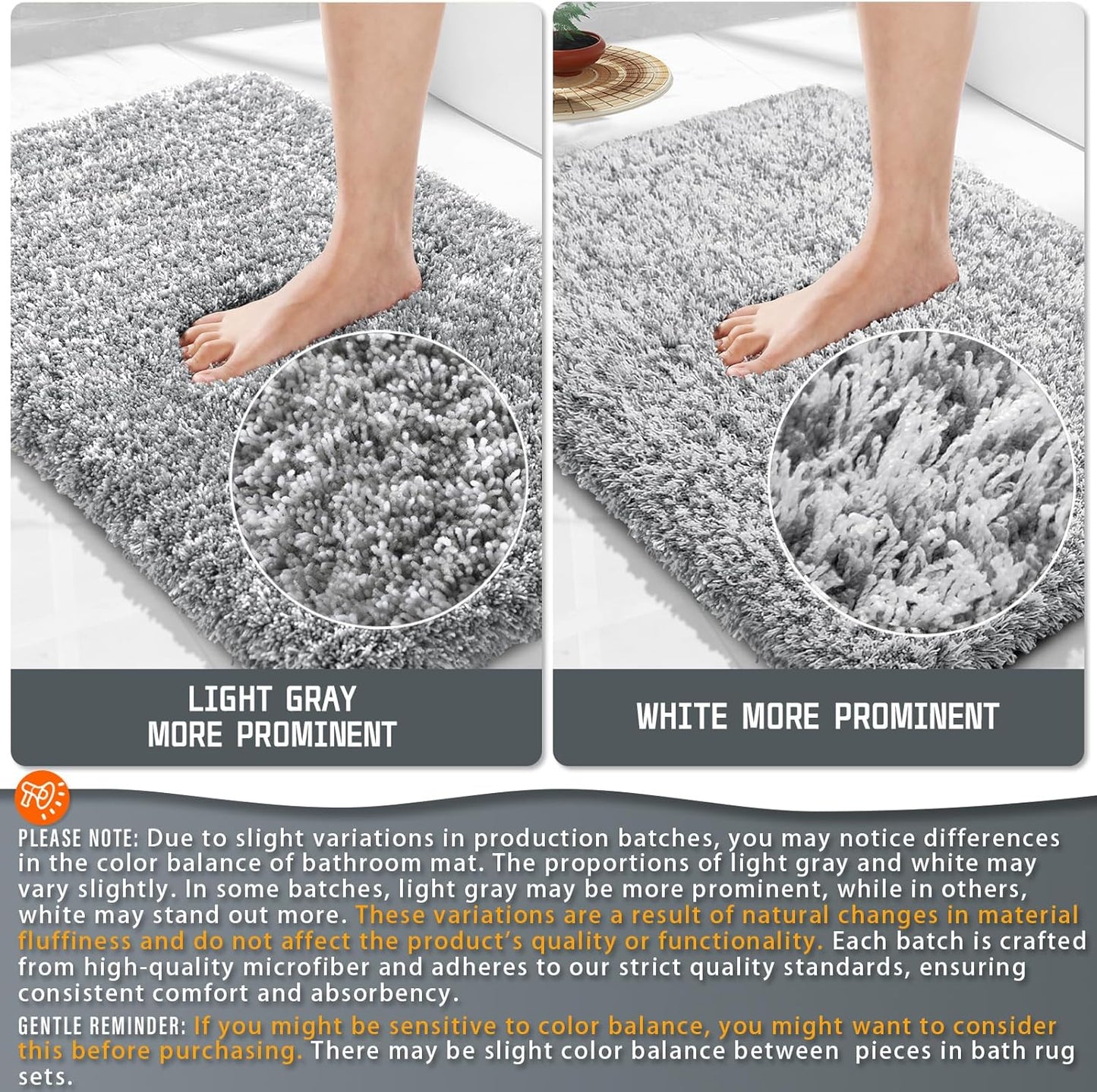 Yimobra Luxury Bathroom Rugs, Fluffy Bath Mats, Non Slip, Water Absorbent Microfiber, Machine Washable, Plush Carpet Shower Rugs, Thick Matts for Bathroom Floor&Tub, 44"x 24", Light Gray and White
