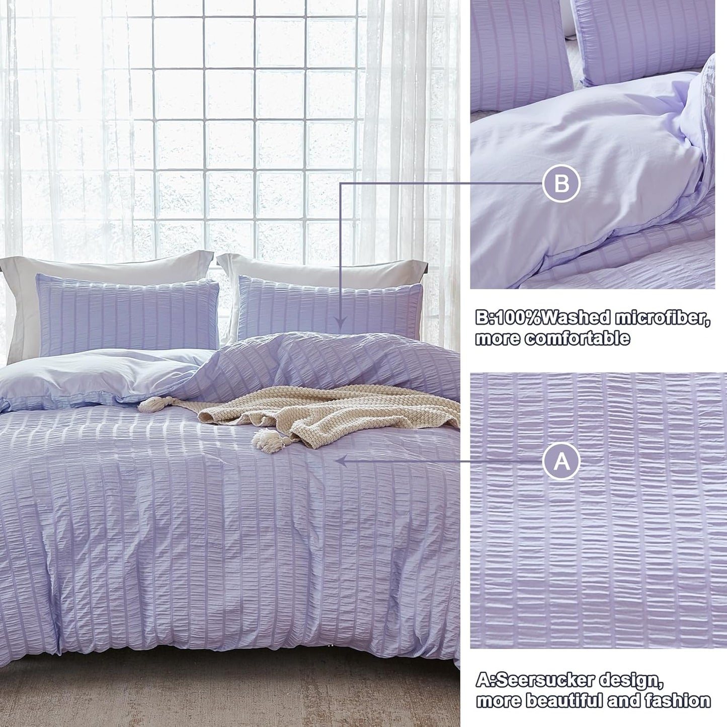 AveLom Lavender Purple Seersucker Duvet Cover Set King (104 x 90 inches), 3 Pieces (1 Duvet Cover + 2 Pillow Cases), Ultra Soft Washed Microfiber, Textured Duvet Cover with Zipper Closure, Corner Ties