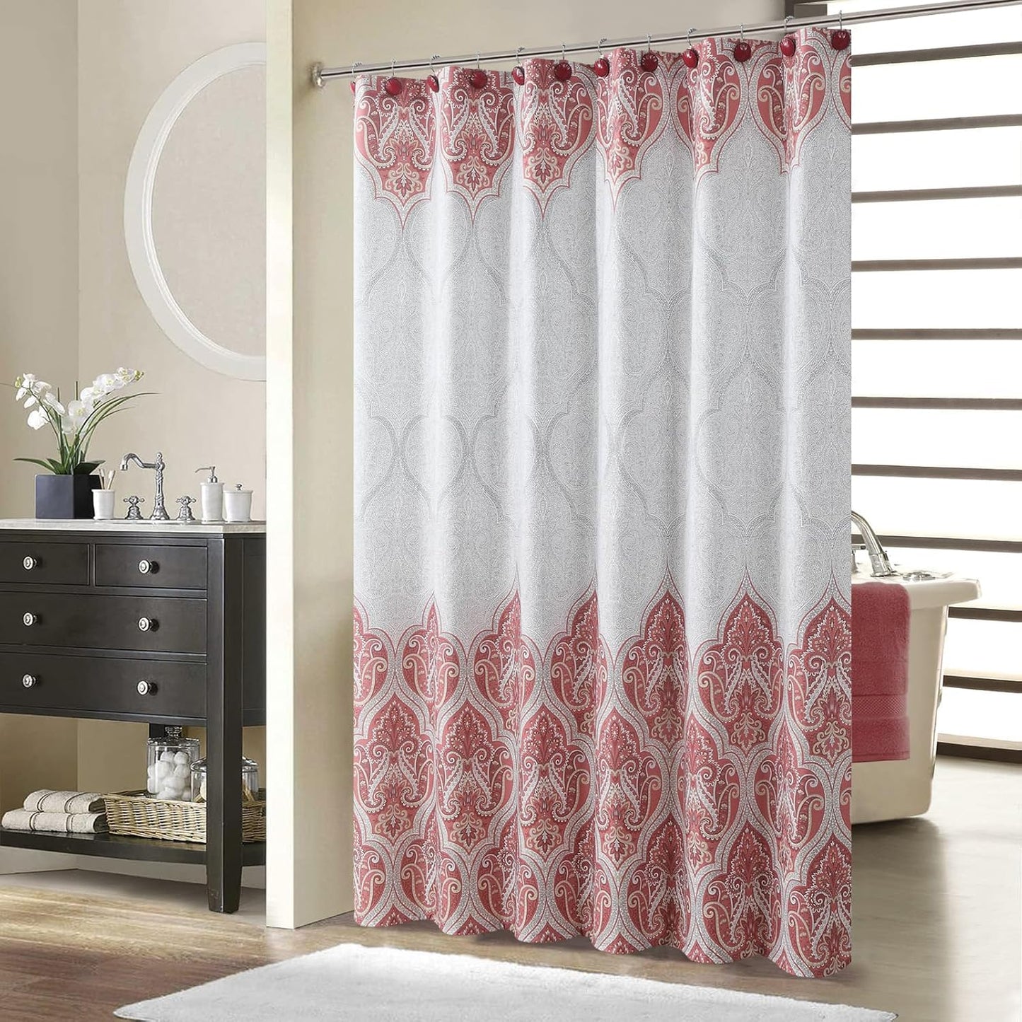 90 Inch Paisley Shower Curtain, Extra Long Water Repellent Fabric with Terracotta & Gray Bohemian Print, 12 Metal Grommets & Weighted Hem, 72x90 Inches