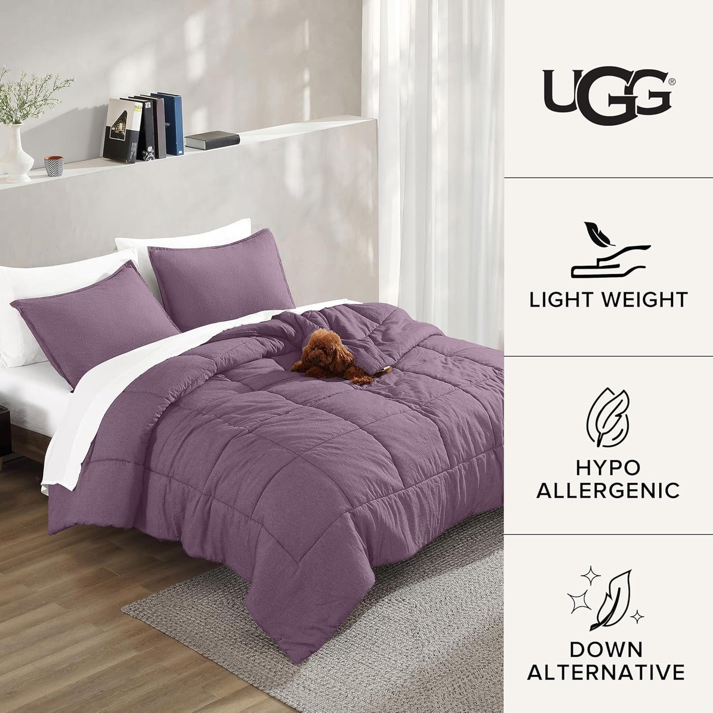 UGG Leonora Comforter Set with 2 Pillow Shams Lightweight Down Alternative Blanket Reversible Cozy Warm All Season Washable and Hypoallergenic Bedding Set, Full/Queen, Purple Shadow