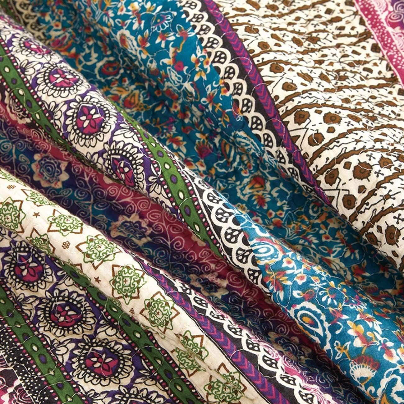 Cozyholy Boho Quilt Twin Size 100% Cotton Quilted Blanket Colorful Bohemian Striped Bedspread Coverlet Reversible Lightweight Stitch Vintage Bed Cover Throw Blanket for Couch Sofa Blue