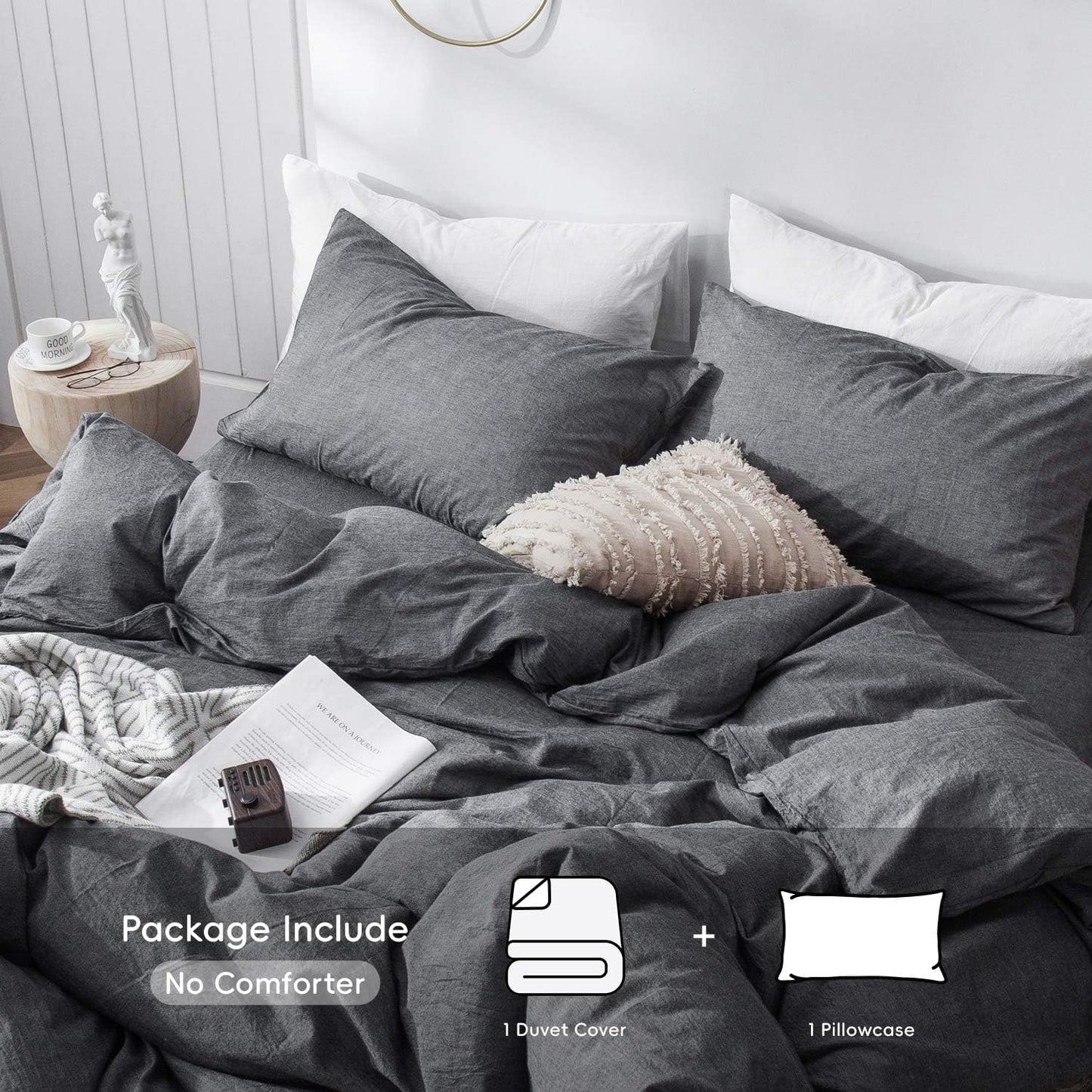 MooMee Bedding Duvet Cover Set 100% Washed Cotton Linen Like Textured Breathable Durable Soft Comfy (Heathered Dark Grey, Twin 68"x90")