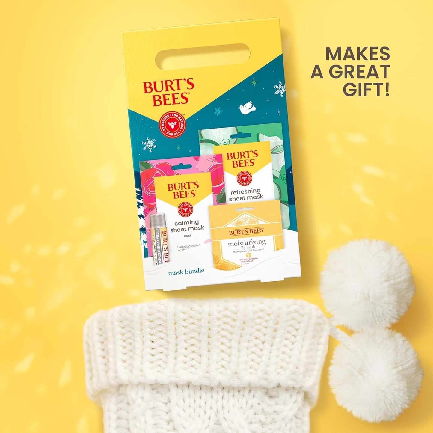 Burt’s Bees Christmas Gifts, Mask Bundle Stocking Stuffers Gift Set; Moisturizing Lip Mask, Ultra Conditioning Lip Balm, Refreshing Sheet Mask, Calming Sheet Mask; Festive Packaging; 1 Gift Set