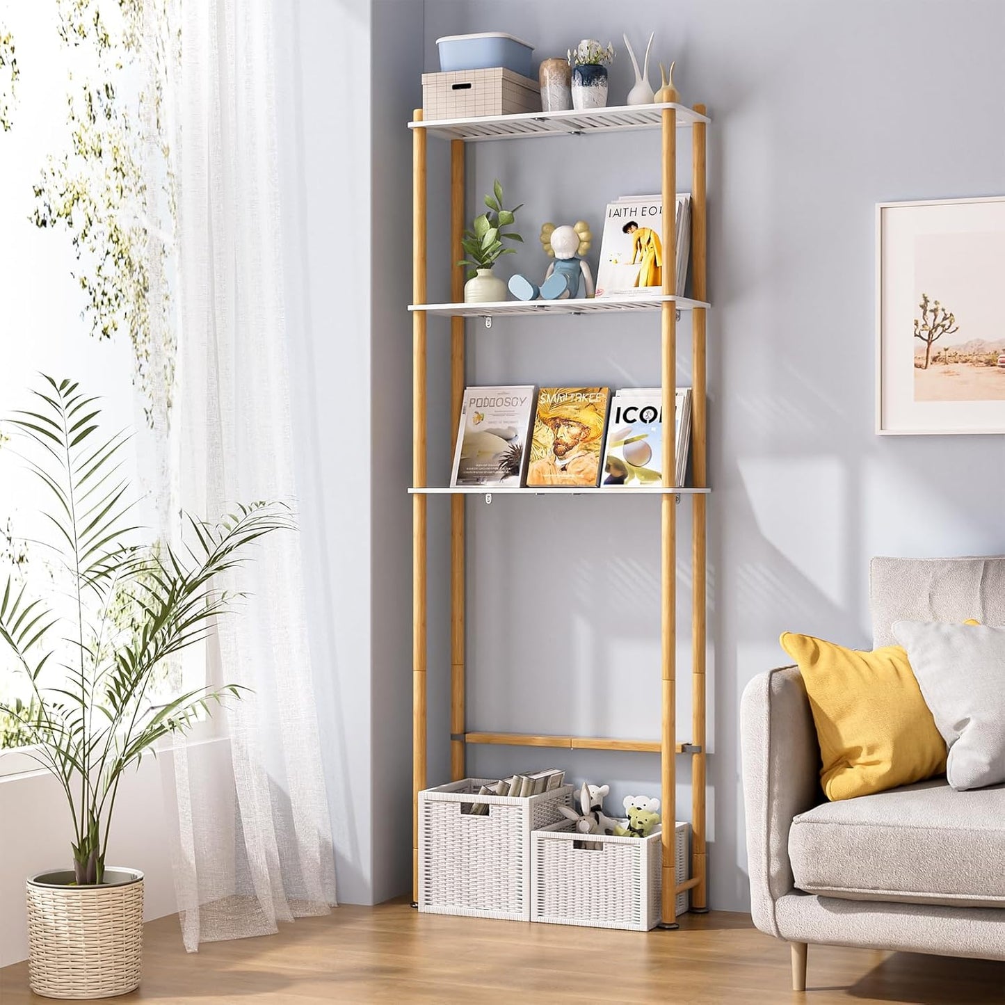 AmazerBath Bamboo Over The Toilet Storage Shelf, Bathroom Storage Organizer Rack, 3-Tier Bathroom Shelves Space Saver, White and Natural Color