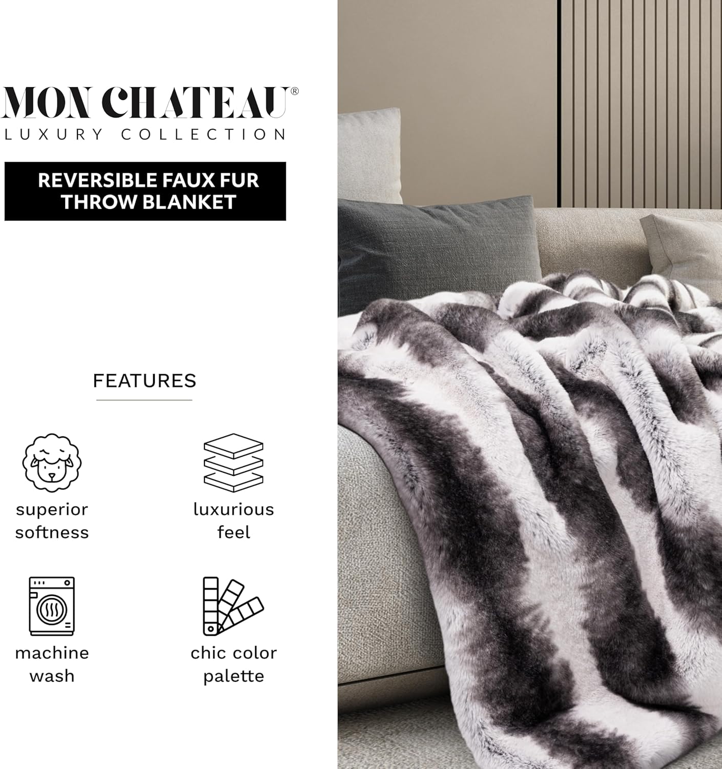 Mon Chateau 60" x 70" Embrace Foldover Faux Fur Throw, Plush Throw with 6cm Foldover for Couch, Sofa, or Bed, Ultra Soft Blanket for Sleeping or Home Decor, Meadow Loom