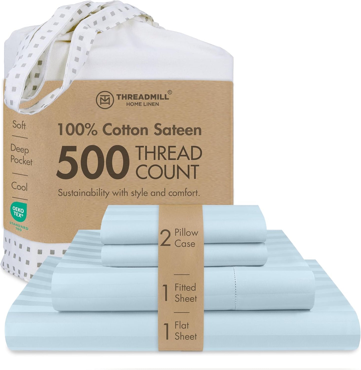 Threadmill 500 Thread Count King Size Damask Stripe, 4 Pc Luxury Cotton Bed Sheet Set, Breathable Light Blue Sheets with 16" Elasticized Deep Pocket, 2 Pillowcases & Free Tote Bag