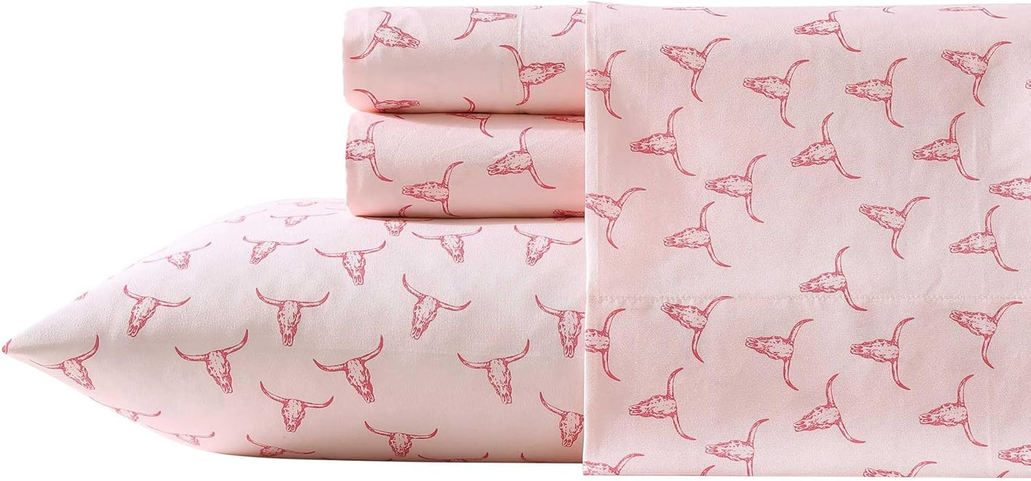 Wrangler - King Bed Sheets, Ultra-Soft & Lightweight Bedding with Matching Pillowcases, Lightweight Bed Set for All Season Comfort, Oeko-Tex Certified (Steer Skulls Pink)