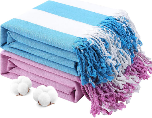 2 PacksOversized Cotton Turkish Beach Towels 74"x38" Thin Quick Dry Sand Free Pool Swim Bathing Towel Extra Large Blanket Adult Travel Essentials Accessories Summer Vacation Blue Purple Stripe