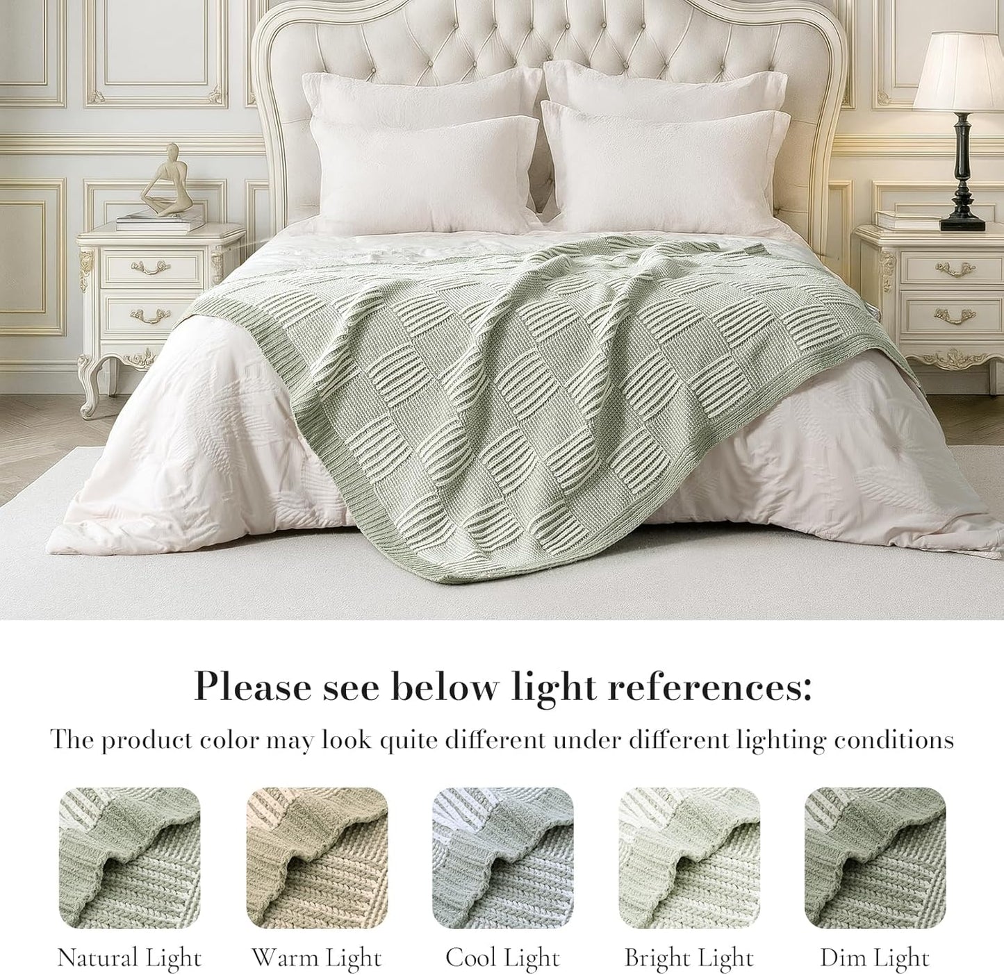 Amélie Home Checkered Knit Throw Blanket for Couch, Chenille Texture Decorative Soft Blanket for Sofa & Chair, 50"x60", Sage Green & White