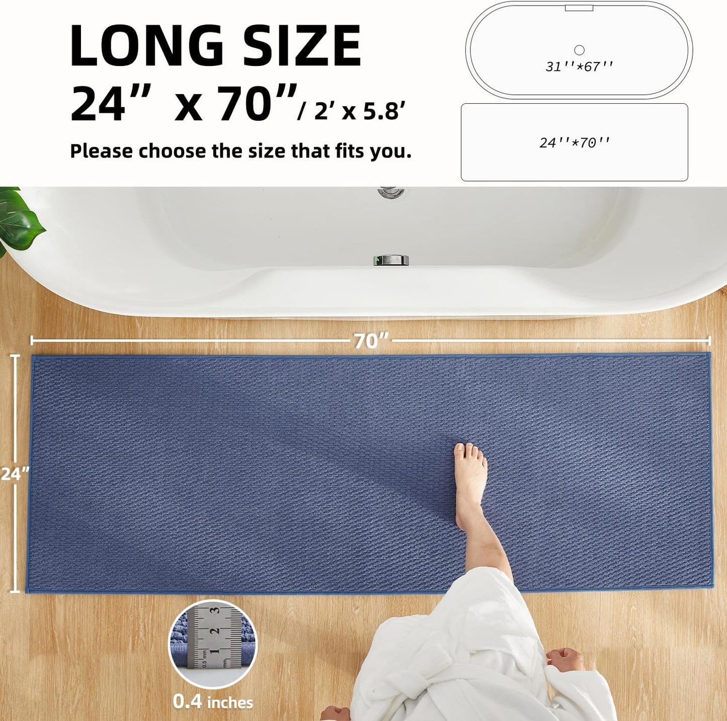 Bathroom Runner Rugs, Long Bath Mat Runner Washable Thin Quick Dry Low Pile Bathroom Runner Rugs Non Slip, Denim Blue 24"x70"