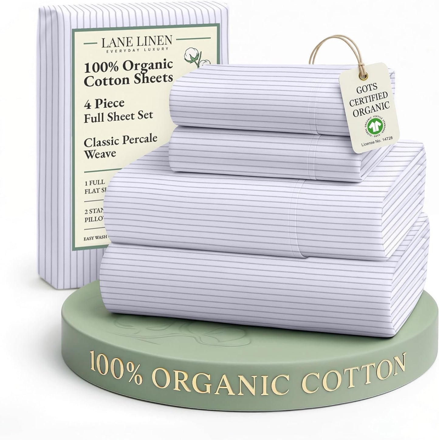 LANE LINEN 100% Organic Cotton Full Sheet Set, Low Pilling Fade Resistant Machine Washable Naturally Cooling Full Bed Sheets, Soft & Comfy Printed Cotton Bedding- Blue Ticking Stripe