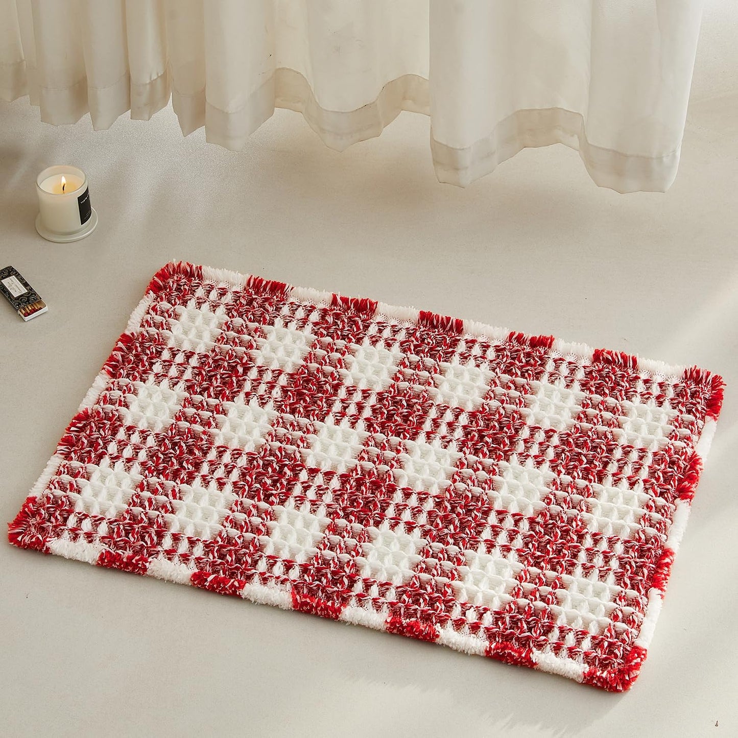 Waffle Bath Mat, Boho Christmas Bathroom Rugs Non Slip Washable Absorbent Checkered Bathroom Mat Quick Dry Cute Bath Mat, 24"x16" Red and White