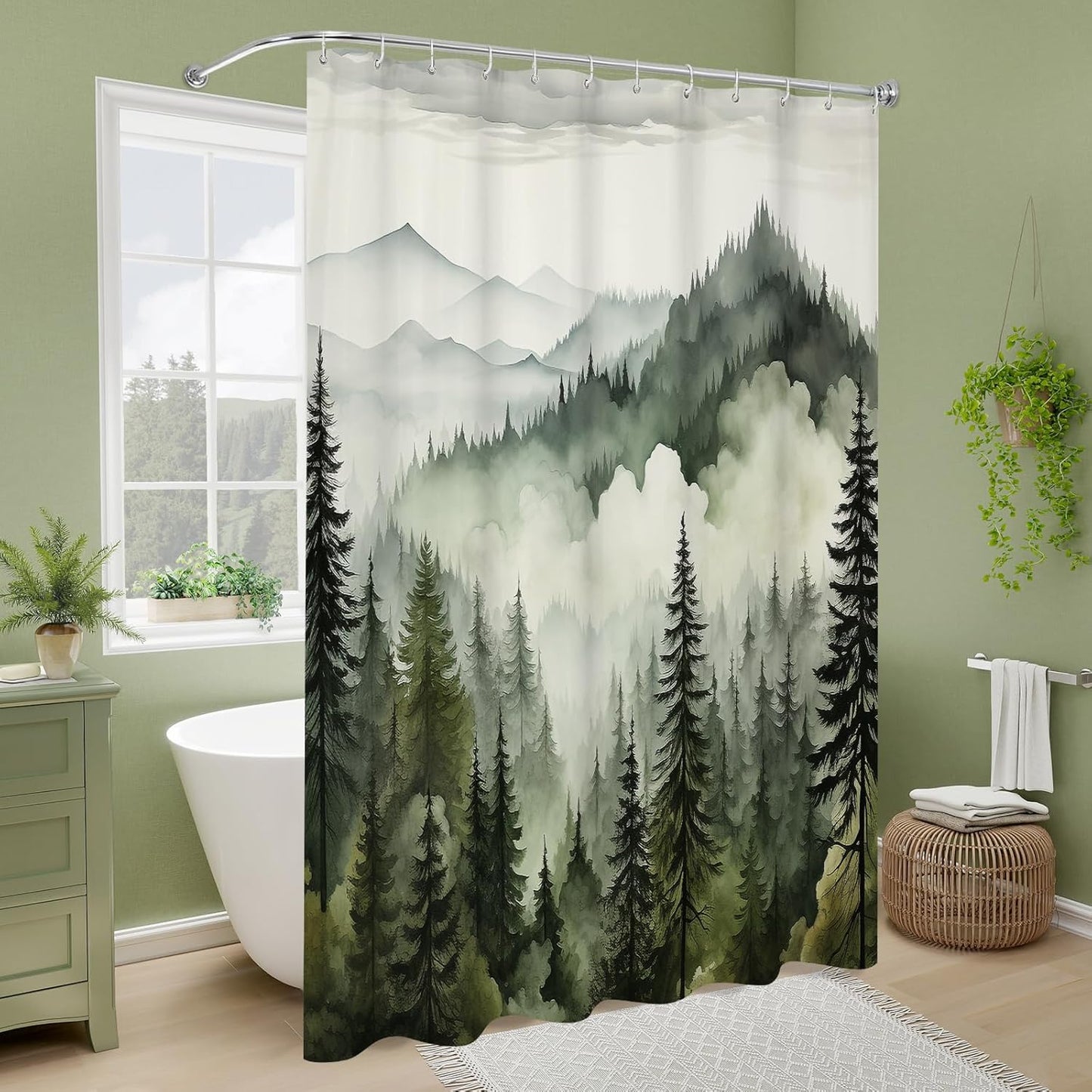 Dark Green Small Stall Misty Pine Forest Shower Curtain 36 x 72, Mountain Foggy Woodland Scenery Tree Narrow Half Size Shower Curtains for Bathroom, Abstract Waterproof Nature-Themed Decor