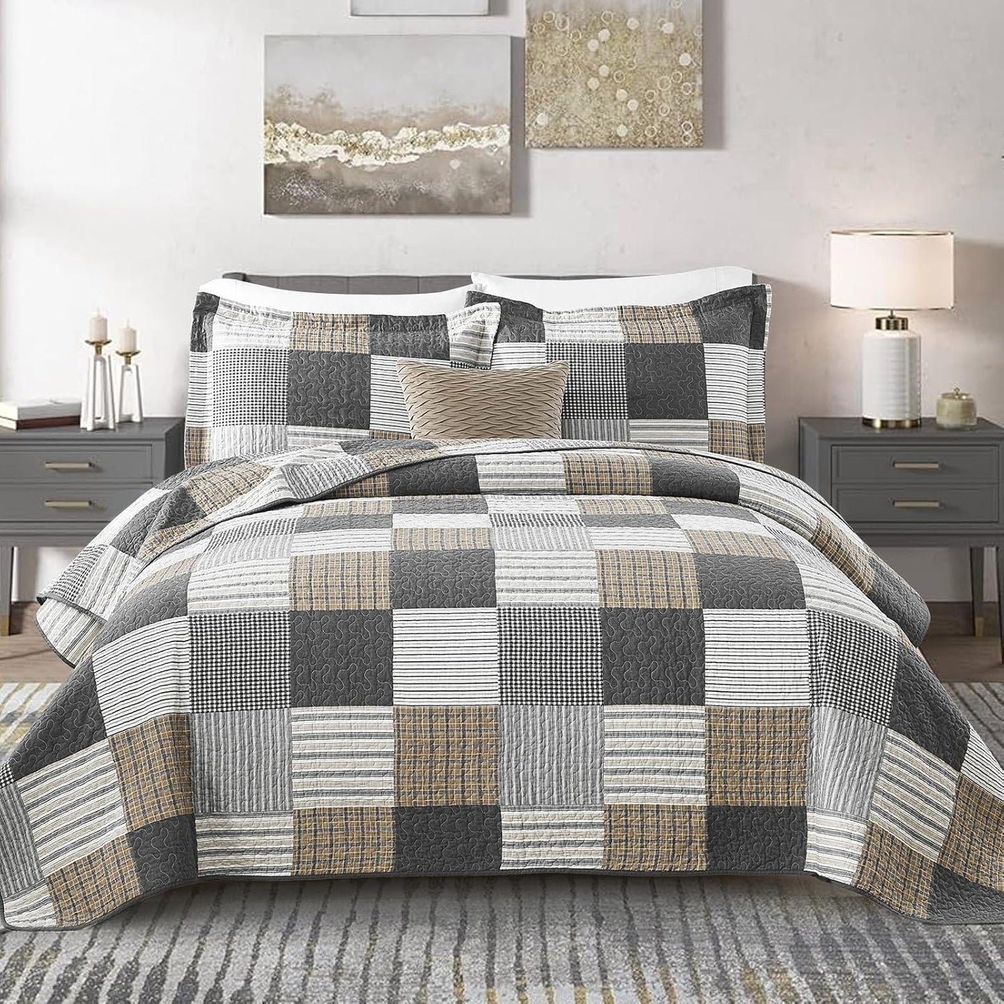 KALOOLA Plaid Quilts Queen Size, 100% Cotton Soft Lightweight Bedding Set 3 Pieces, Farmhouse Quilted Bedspread with 2 Pillowshams for Queen Bed, Grey White Black Coverlet for All Season