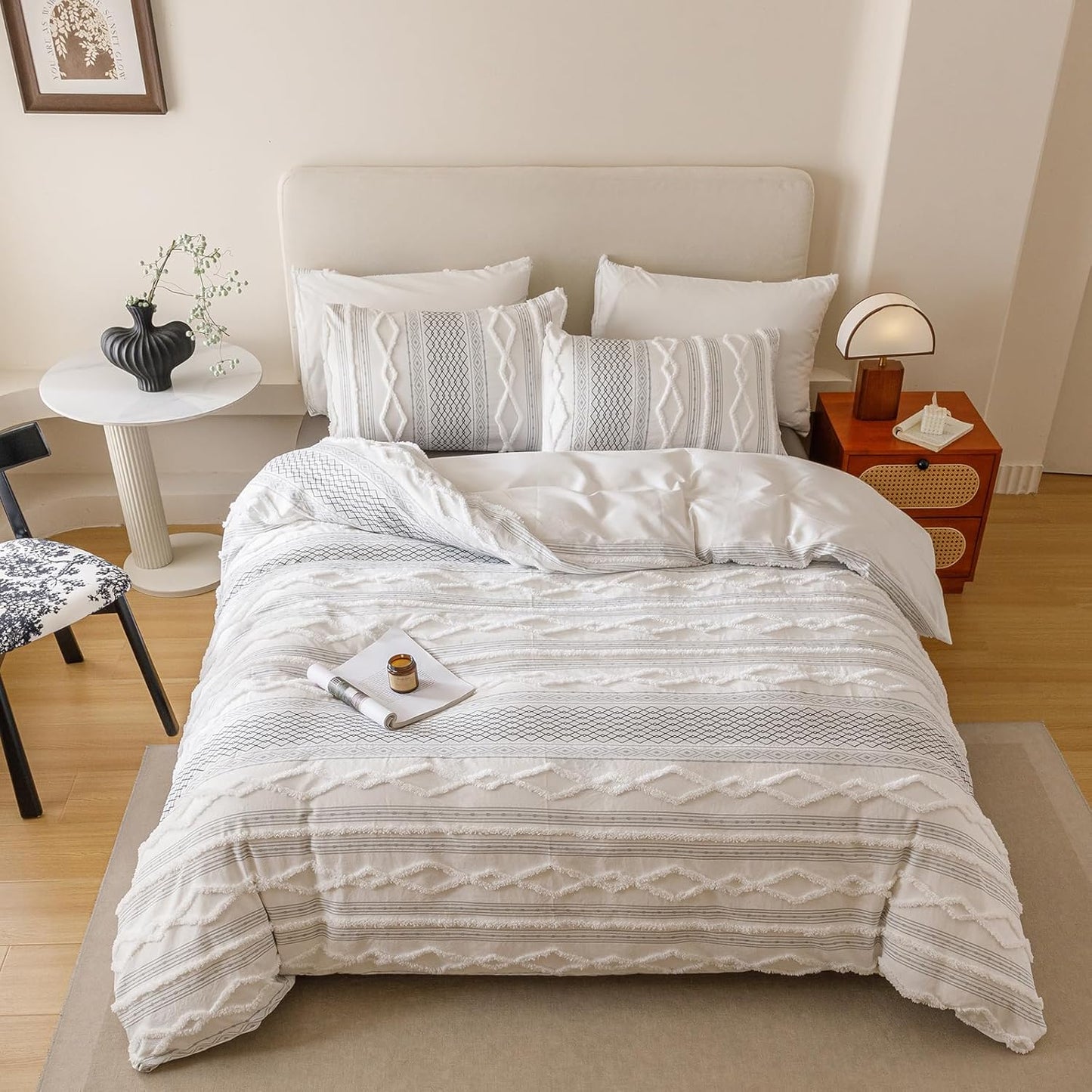 KAREVER Ivory Black Boho Comforter Set Twin Mixed Textures Jacquard Bedding Set Durable Chic and Stylish Bedroom Set