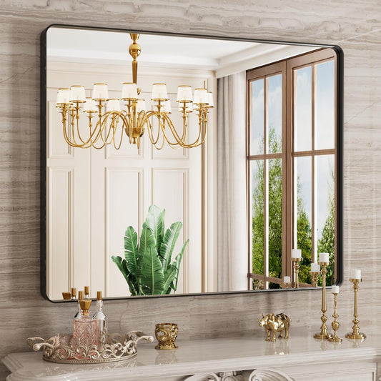 Black Bathroom Mirror 40X32 Inch, Black Metal Framed Mirror for Wall, Rounded Rectangle Matte Bathroom Vanity Mirror with Tempered Glass, Anti-Rust, Horizontal/Vertical