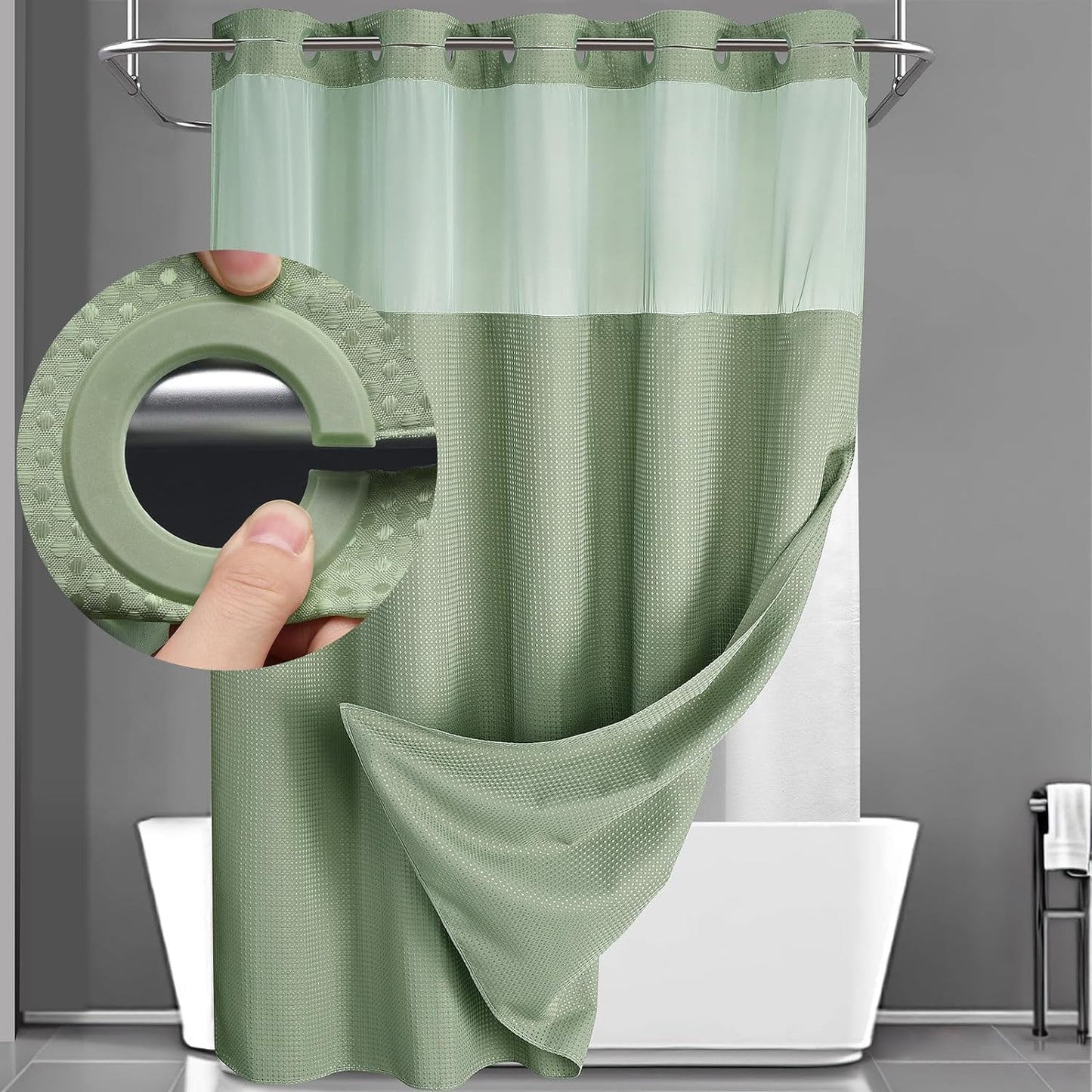 YellyHommy No Hook Shower Curtain with Snap in Liner Set Less Time White Waffle Shower Curtain for Bathroom 72" W x 81" L