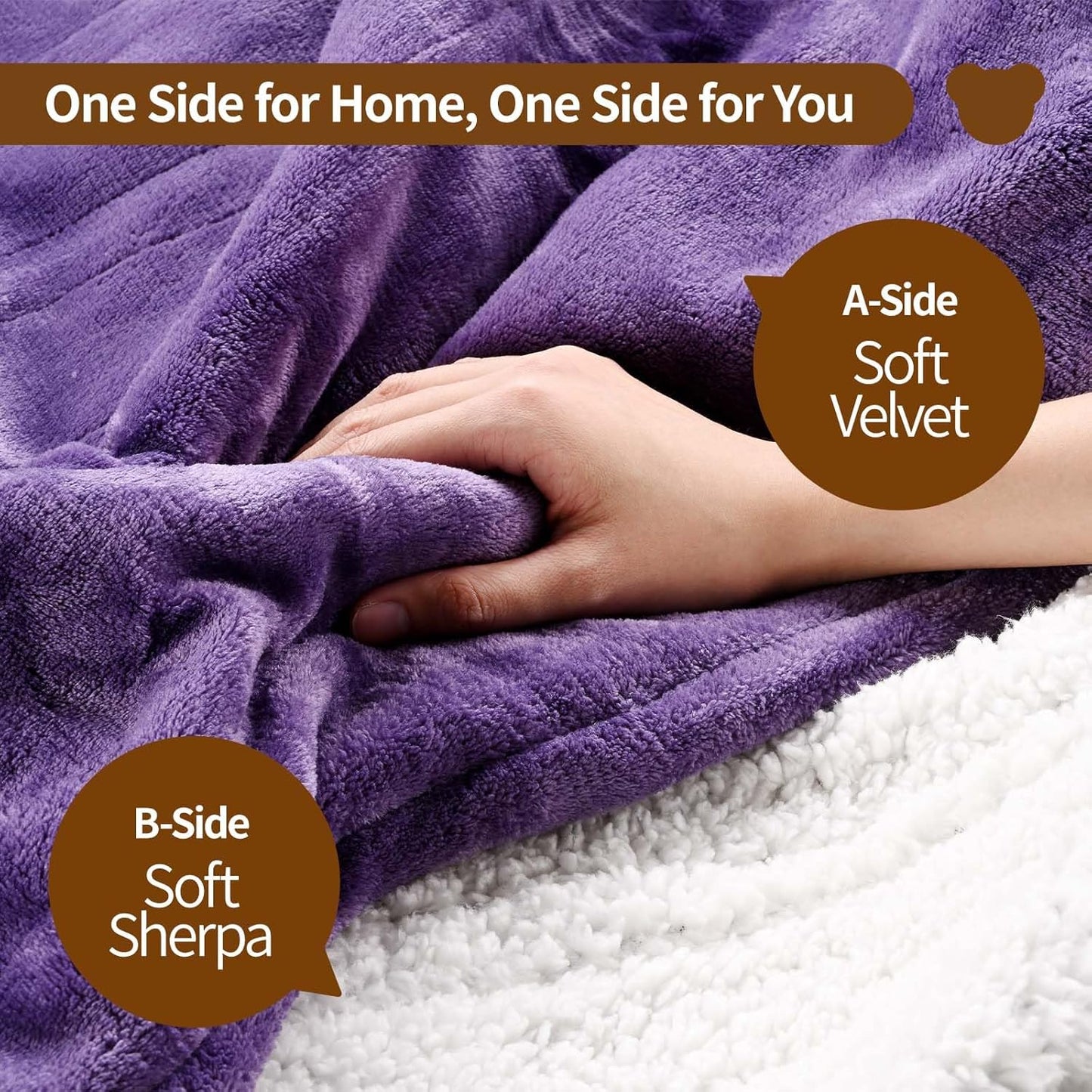 Bearhug Electric Blanket Twin Size 62" x 84", Velvet & Sherpa Purple Heated Blanket, 10 Heating Levels & 0.5-12H Auto Off, Over-Heat Protect, ETL Certification, Machine Washable, Gift Box