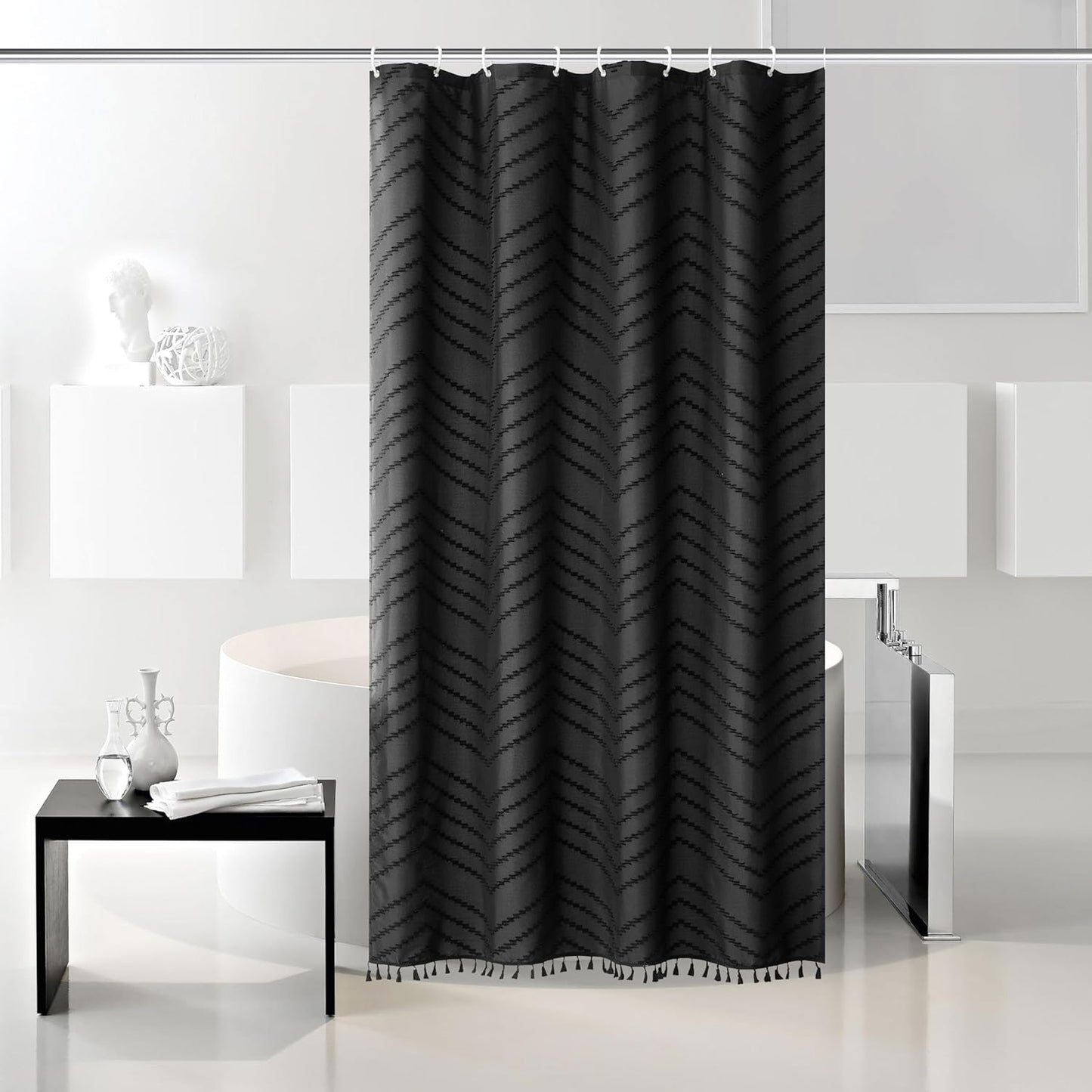 Stall Boho Shower Curtain Black Tassel Woven Fabric Shower Curtain 42 x 72 Modern Farmhouse Textured Tufted Chevron Striped Minimalist Bathroom Shower Curtain