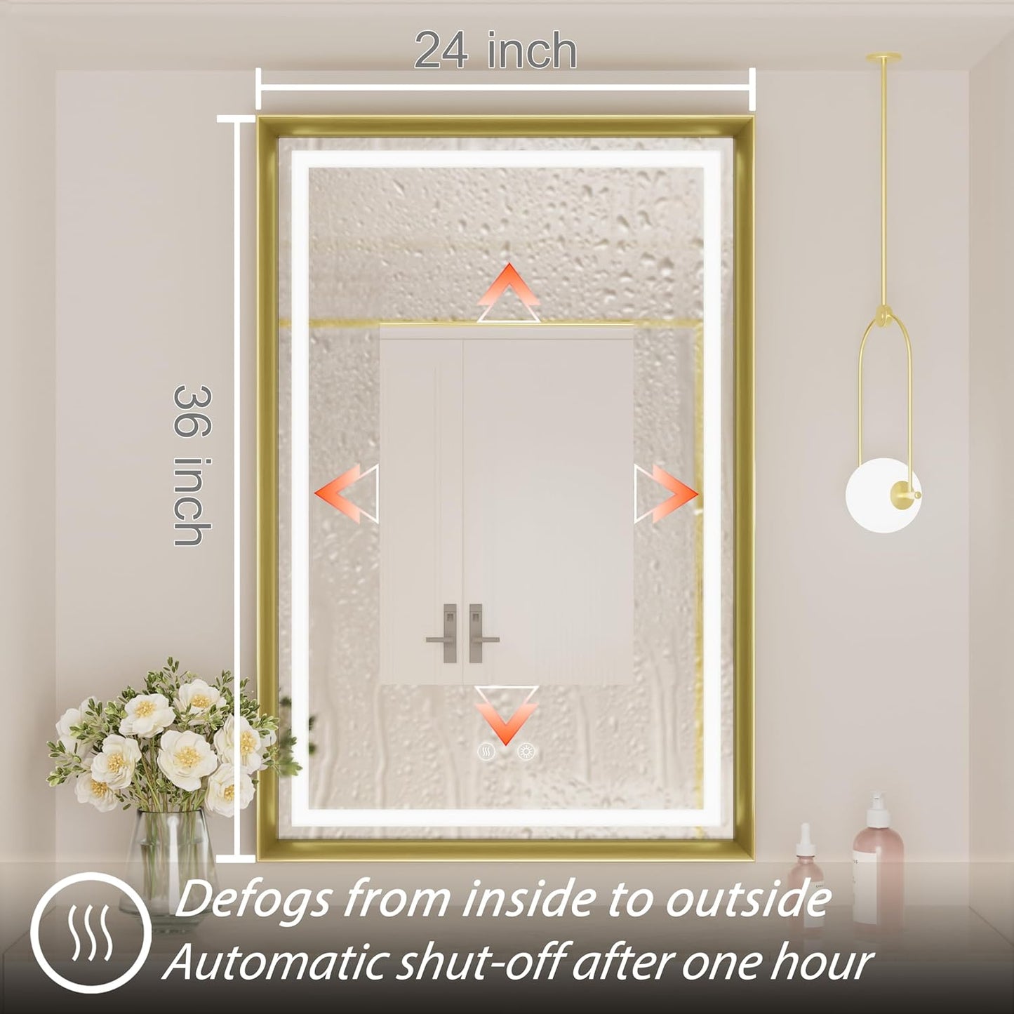 24x36 Inch Gold LED Mirror for Bathroom, 3 Color Temperatures (3000K/4500K/6000K), Anti-Fog, Dimmable Lights, Memory Function, Horizontal/Vertical Wall Mounted