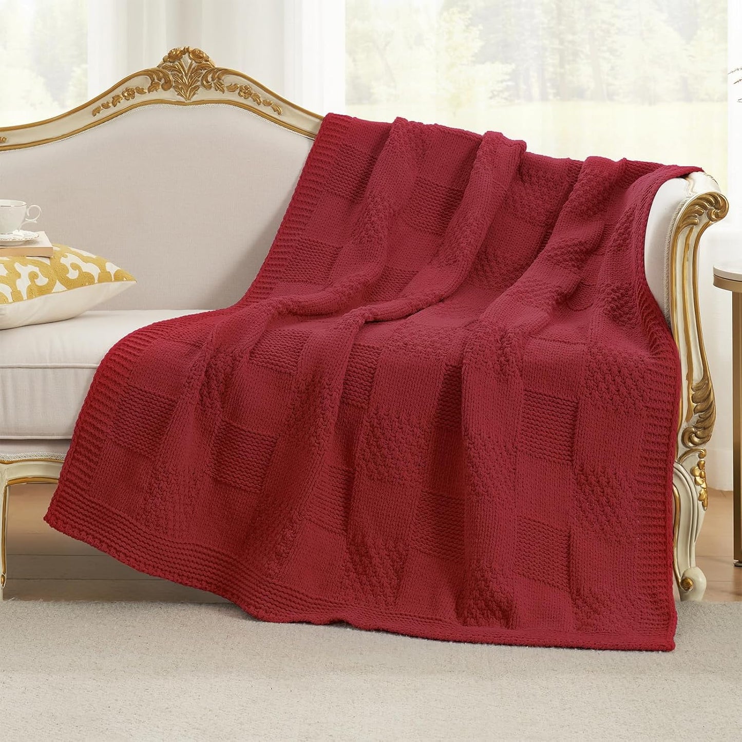 Amélie Home Checkered Chenille Knit Throw Blanket for Couch, Classic Texture Decorative Soft Blanket for Sofa, Chair & Bedroom, 50"x60", Red