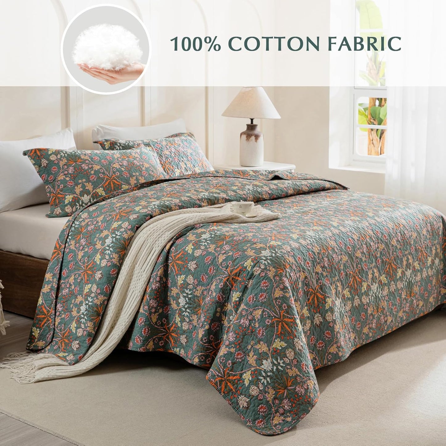 Lady Ann Oversized King Bedspreads 128x120, 100% Cotton Oversized King Quilt Bedding Set Vibrant Paisley Floral Pattern Plant Botanical Printed Quilted Coverlet Set, 3 PCS
