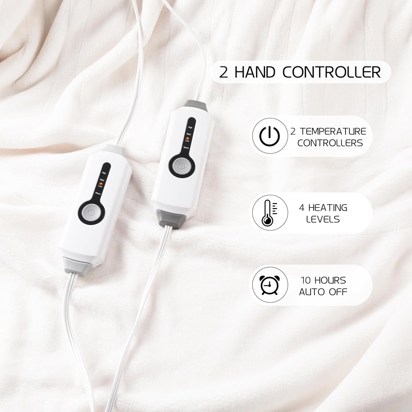 Electric Heated Blanket 84"x90" Queen Size, Soft Coral Fleece, Dual Controllers with 4 Heating Levels and 10 Hours Auto-Off, Machine Washable, Cozy Plush Fabric for Home, White