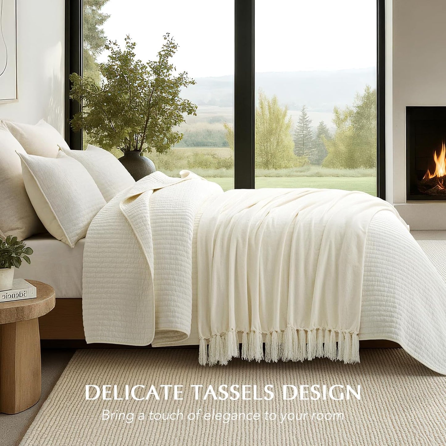 EverGrace Soft Chenille Throw Blanket for Couch, Cozy Plush Fuzzy Decorative Chenille Knit Throw Blanket with Tassels, Lightweight Blanket and Throws for Bed Sofa Gift Home Decor, Ivory White 50"x60"