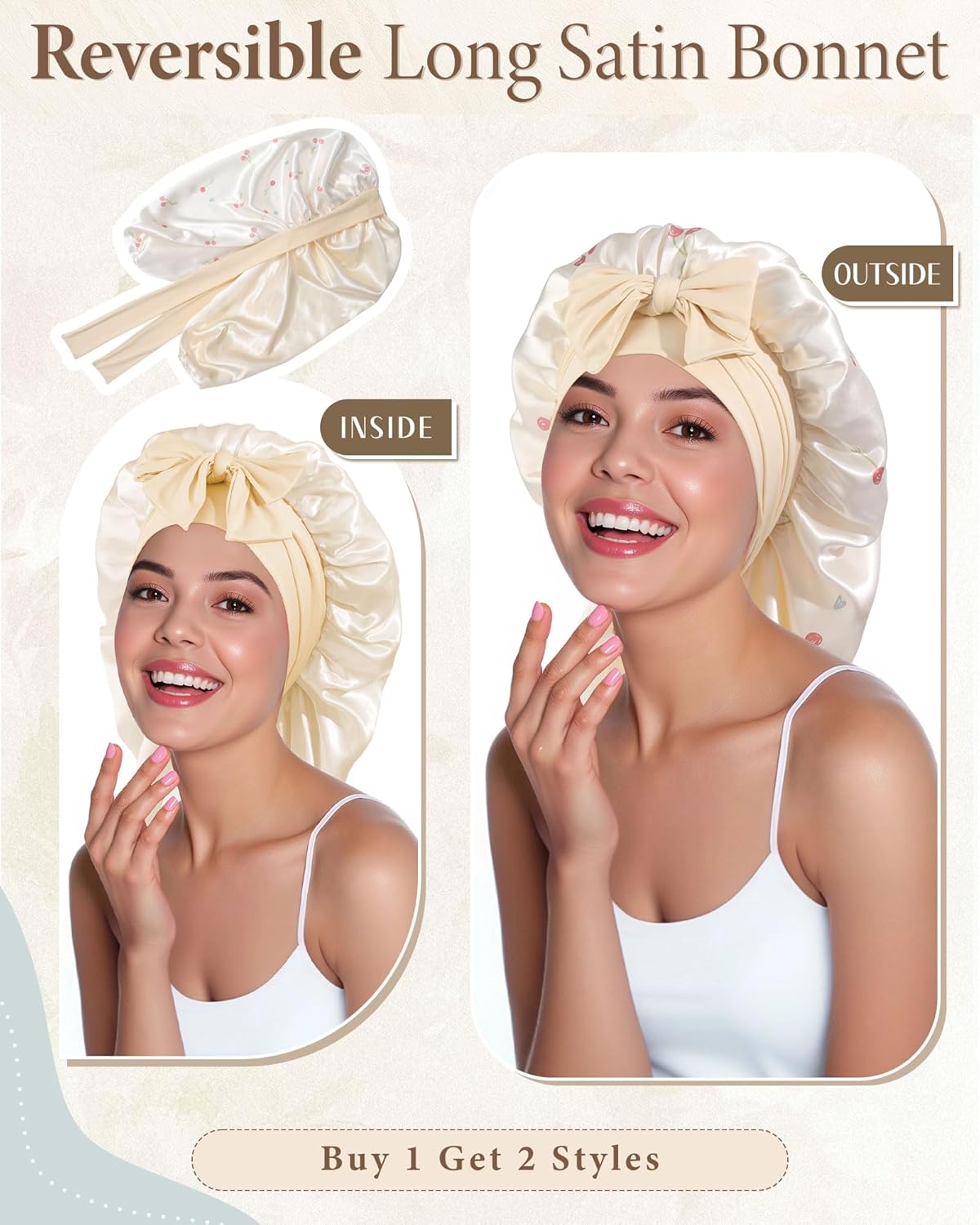 AWAYTR Long Satin Bonnet for Sleeping, Reversible Double Layer Hair Bonnet with Elastic Tie Band (Cherry Print+Beige)