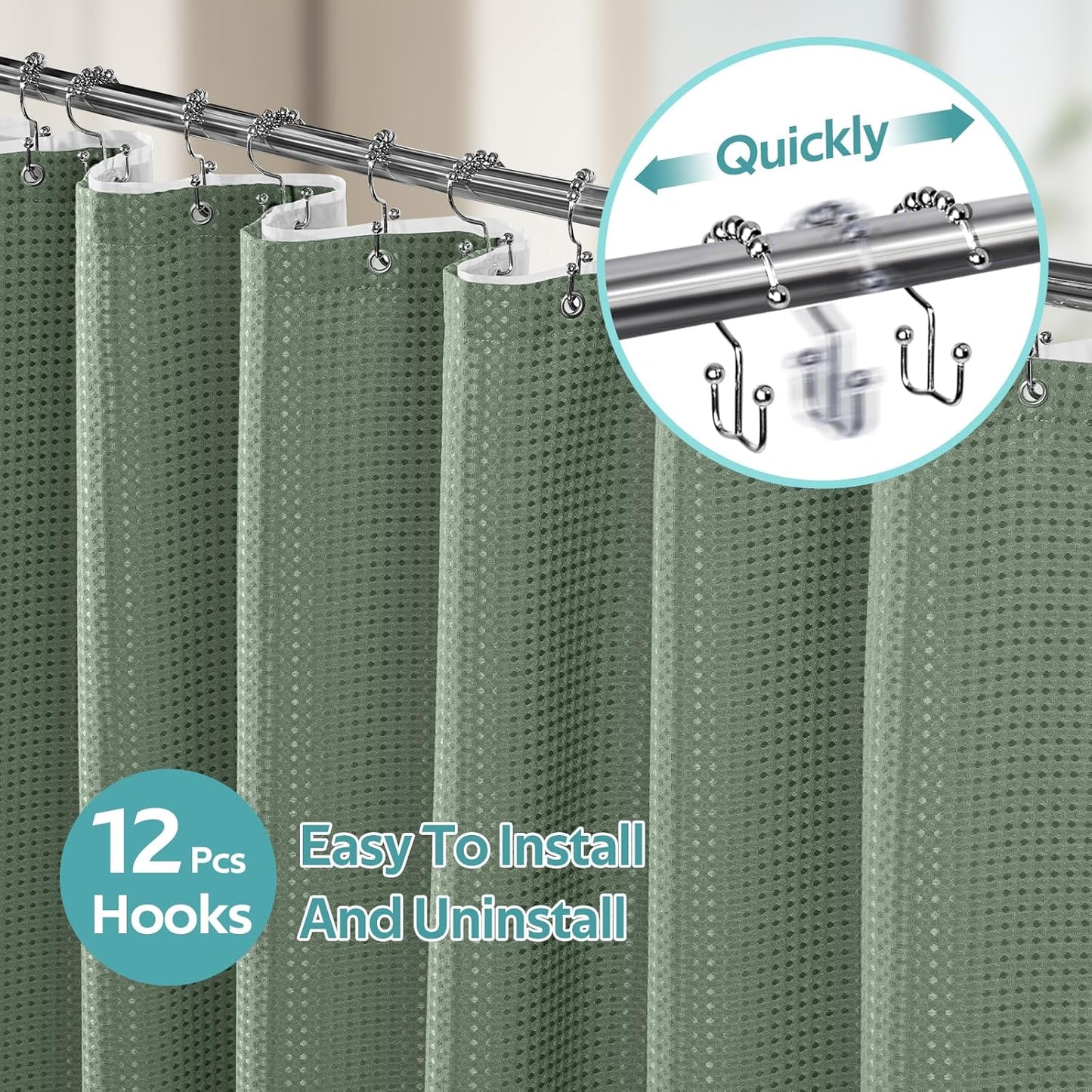 3 in 1 Shower Curtain Set, Waffle Shower Curtain and Liner Set with 12 Double Sided Shower Curtain Hooks, 258GSM Luxury Weighted Cloth Shower Curtains for Bathroom, 72 W x 72 H, Sage Green