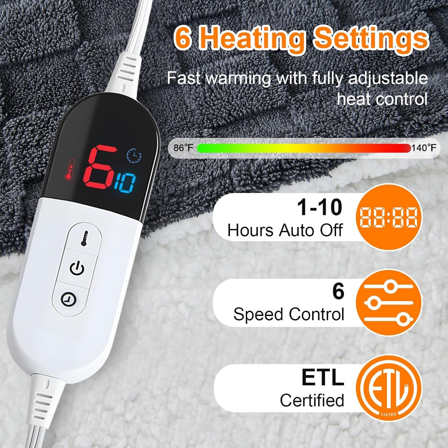 Electric Heated Blanket Queen Size Dual Control - Jacquard Checkered Sherpa 84"x90" Fast Heating Bed Blankets with 6 Heating Levels & 10 Hours Auto Off, Over-Heat Protection ETL, Dark Gray