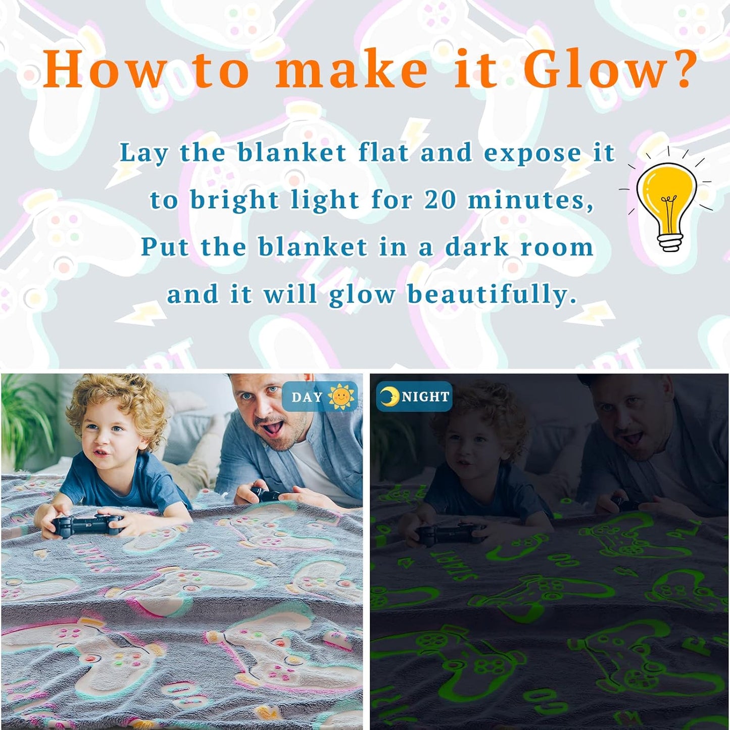 Glow in The Dark Blanket Gaming Controller Glowing Throw Blanket Gamer Plush Luminous Blankets and Throws Soft Throw Gift for Kids Girls Boys Birthday Christmas Halloween Thanksgiving 60" x 80"