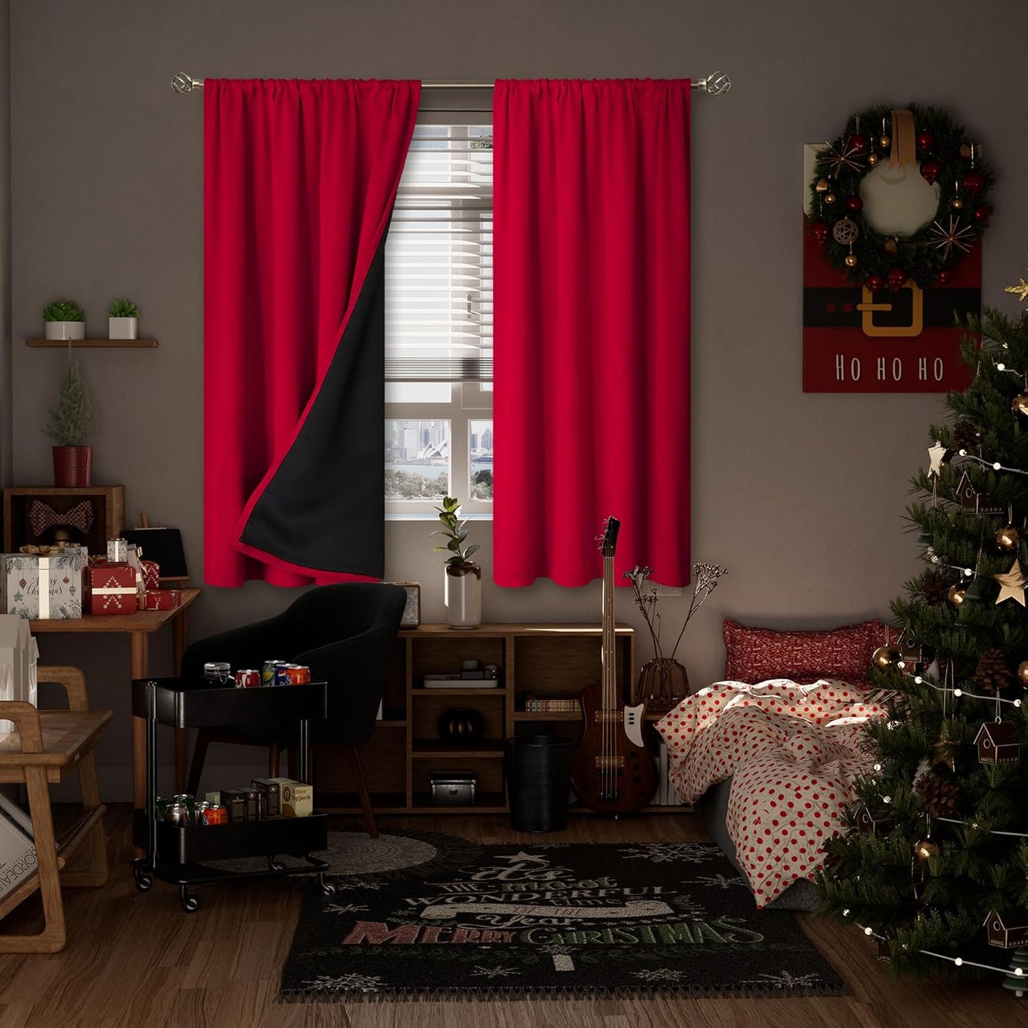 BGment Christmas Thermal Insulated 100% Blackout Curtains for Bedroom Decoration with Black Liner, Double Layer Full Room Darkening Noise Reducing Rod Pocket Curtain (52 x 63 Inch, Red, 2 Panels)
