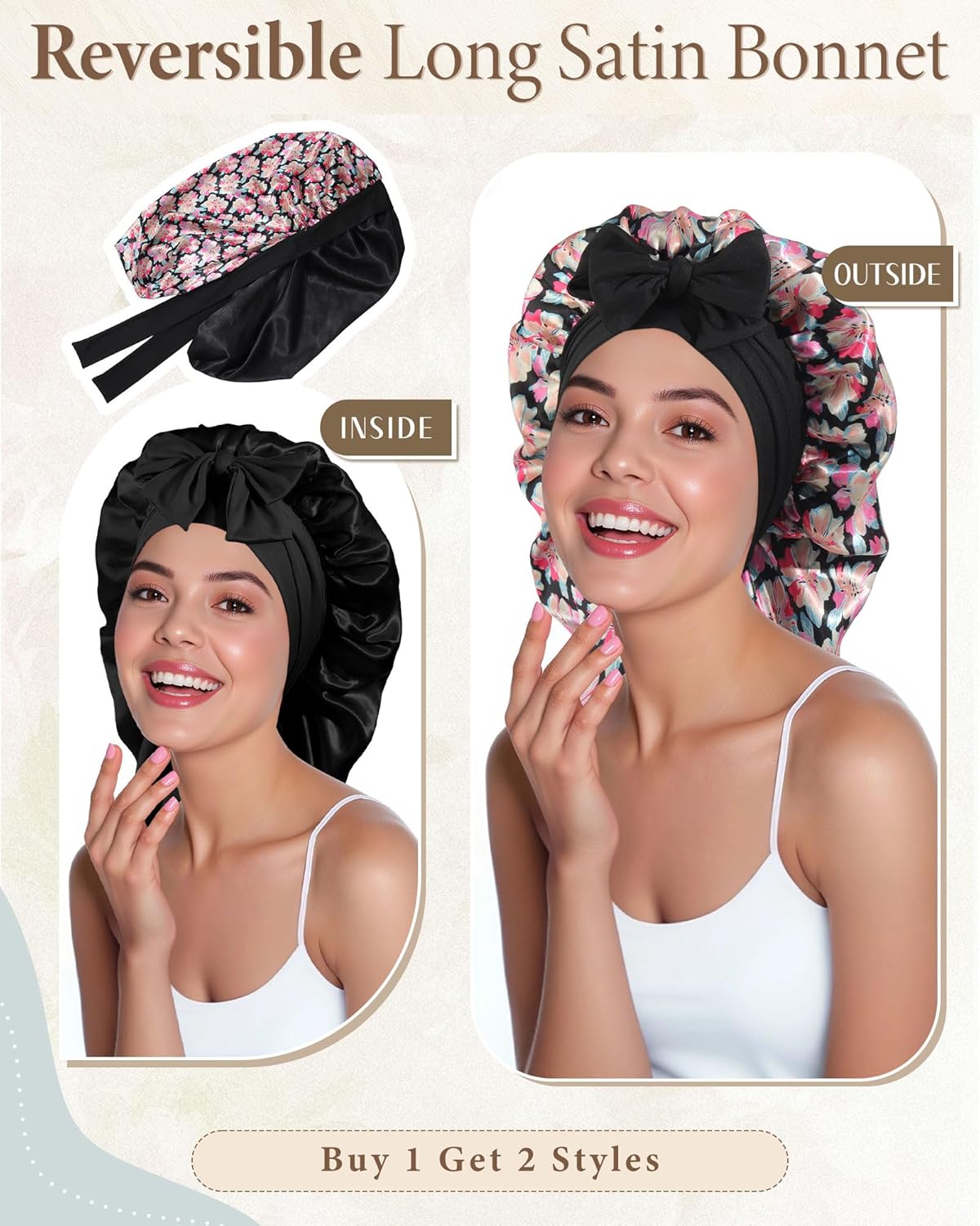 AWAYTR Long Satin Bonnet for Sleeping, Reversible Double Layer Hair Bonnet with Elastic Tie Band (Ink Floral Print+Black)