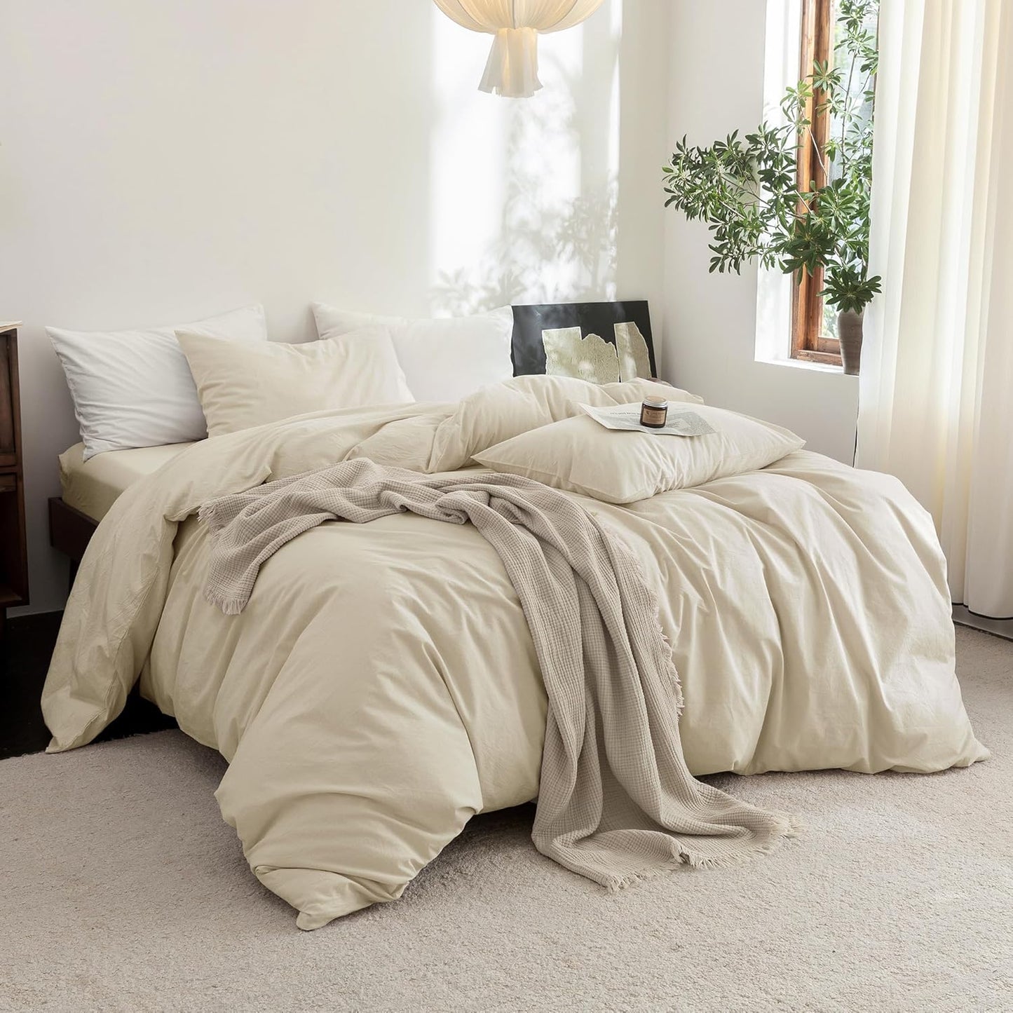 FOSSA Duvet Cover Set 100% Washed Cotton Linen Feel Super Soft Breathable Cozy 3 Pieces Bedding Sets Solid Almond Grey Full/Double