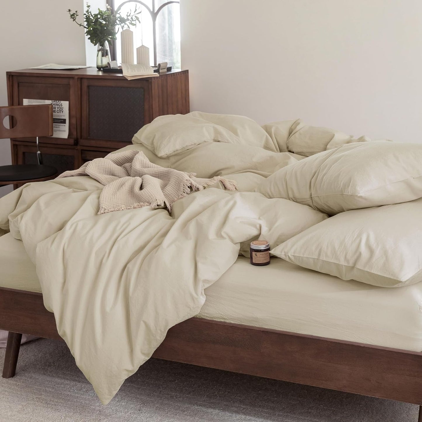 FOSSA Duvet Cover Set 100% Washed Cotton Linen Feel Super Soft Breathable Cozy 3 Pieces Bedding Sets Solid Almond Grey Oversized Queen