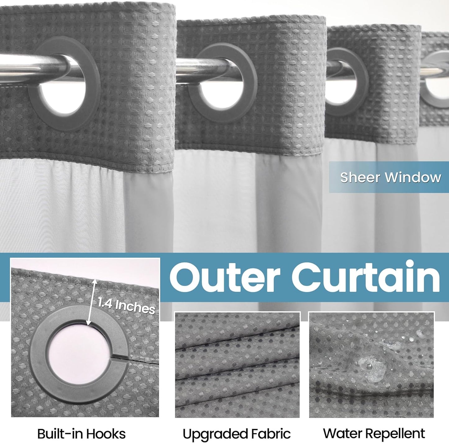 Stall No Hook Shower Curtain with Snap in Liner,230GSM Waffle Weave Shower Curtains for Bathroom,60W x 74H,Grey
