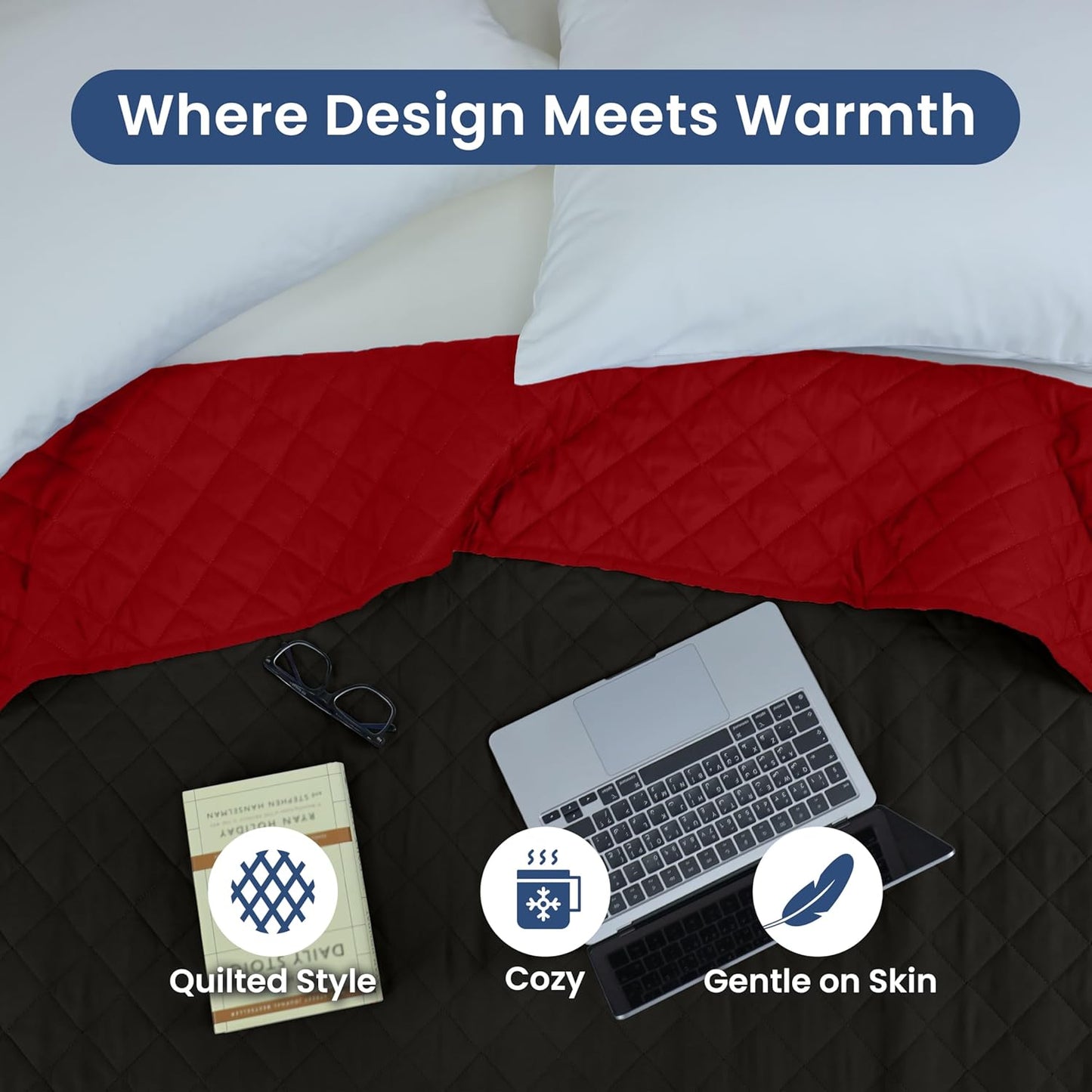 Martex Reversible Coverlet – Full Queen Size Quilt - Lightweight Full Size Bedding– Durable Queen Size Quilts for Bed – Soft - Easy Care Bedding – Ebony/Red