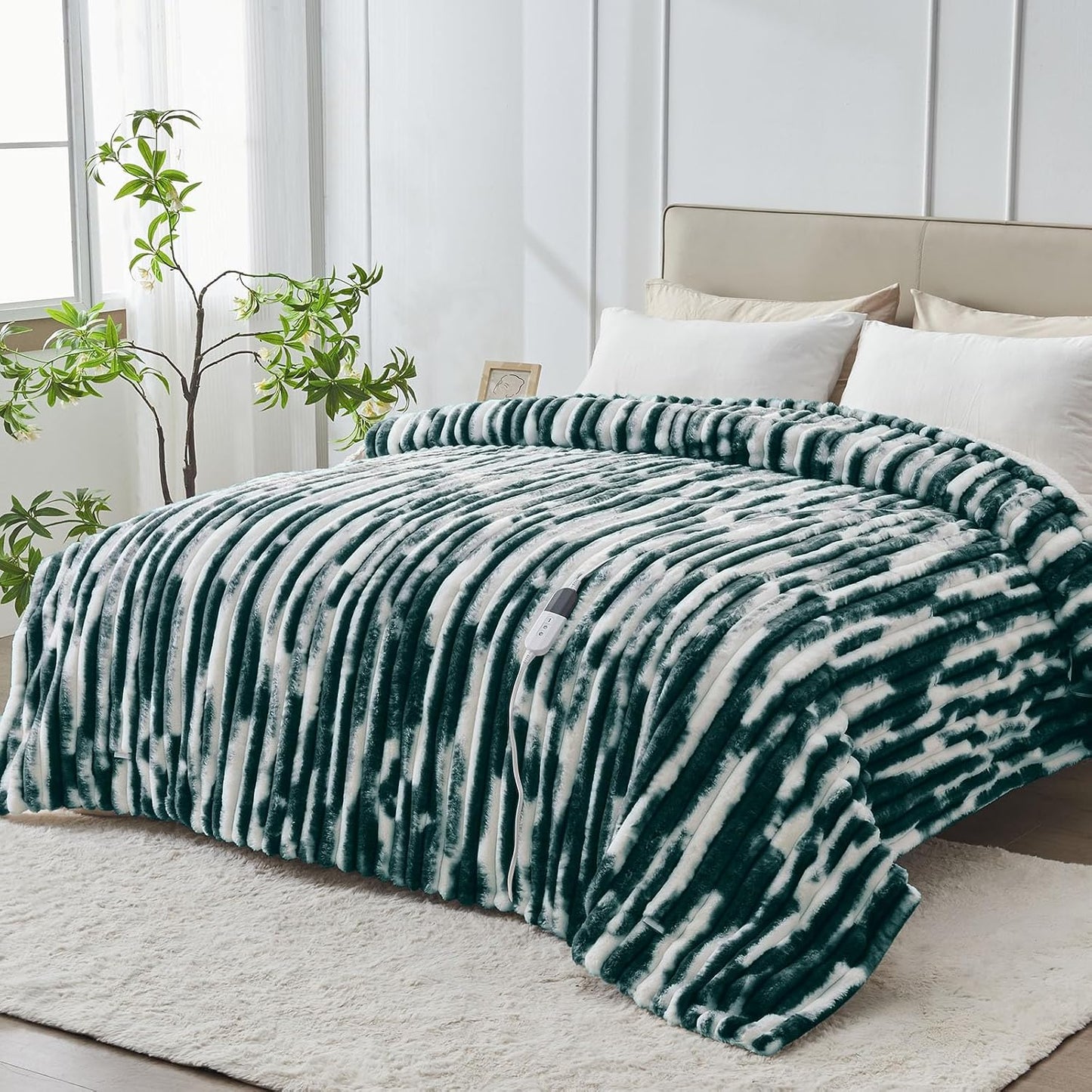 Heated Blanket Twin - 62"x84" Fast Heating Bed Electric Blankets with 6 Heating Levels & 10 Hours Auto Off, Soft Ribbed Faux Fur Sherpa, Over-Heated Protection ETL, Dark Green