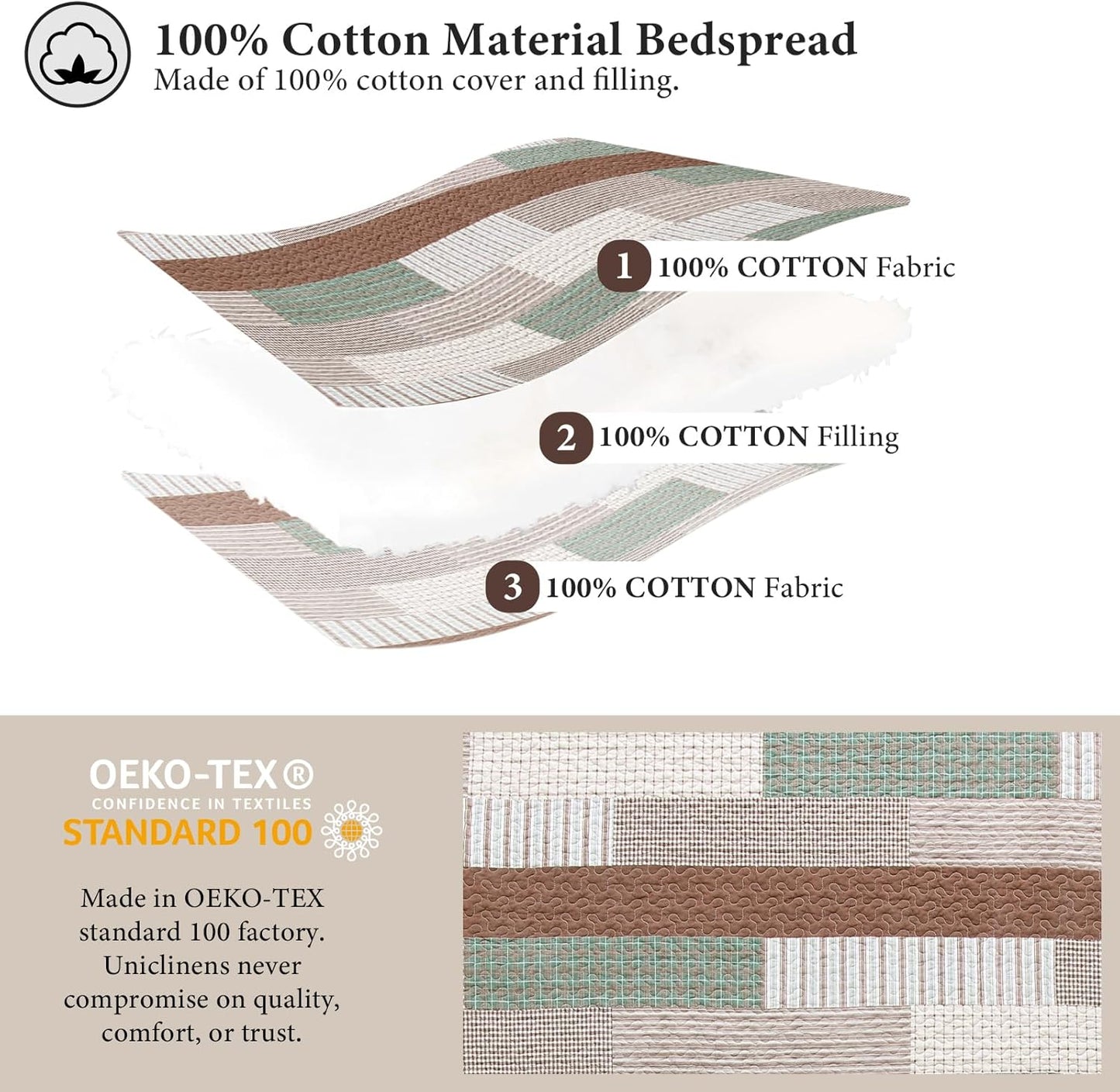 Uniclinens Plaid Quilt King Size, 100% Cotton Patchwork Quilt Bedding Set, Brown Lightweight Farmhouse Bedspread/Coverlet/Comforter Set, 3 Pieces Set with 2 Pillowshams, Brown/Green/Cream