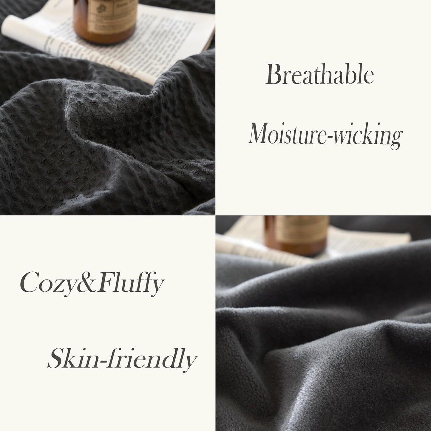 CHUFFED Cotton Waffle Blanket Throw Size - Plush Milk Velvet & Reversible Waffle Weave,Anti-Static 300Gsm Design，Thick Cozy Soft Winter Blanket for Bed, Couch, Sofa - Dark Grey, 50x70 Inches