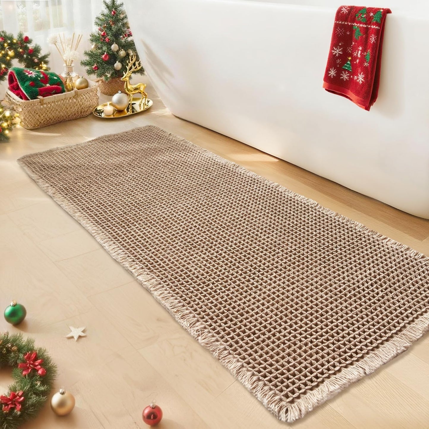 Waffle Runner Bath Mat - Long Boho Bathroom Rugs Non Slip Washable, Super Absorbent & Quick Dry, Soft Bath Mat Farmhouse Bathroom Decor, 24'' x 60'', Khaki